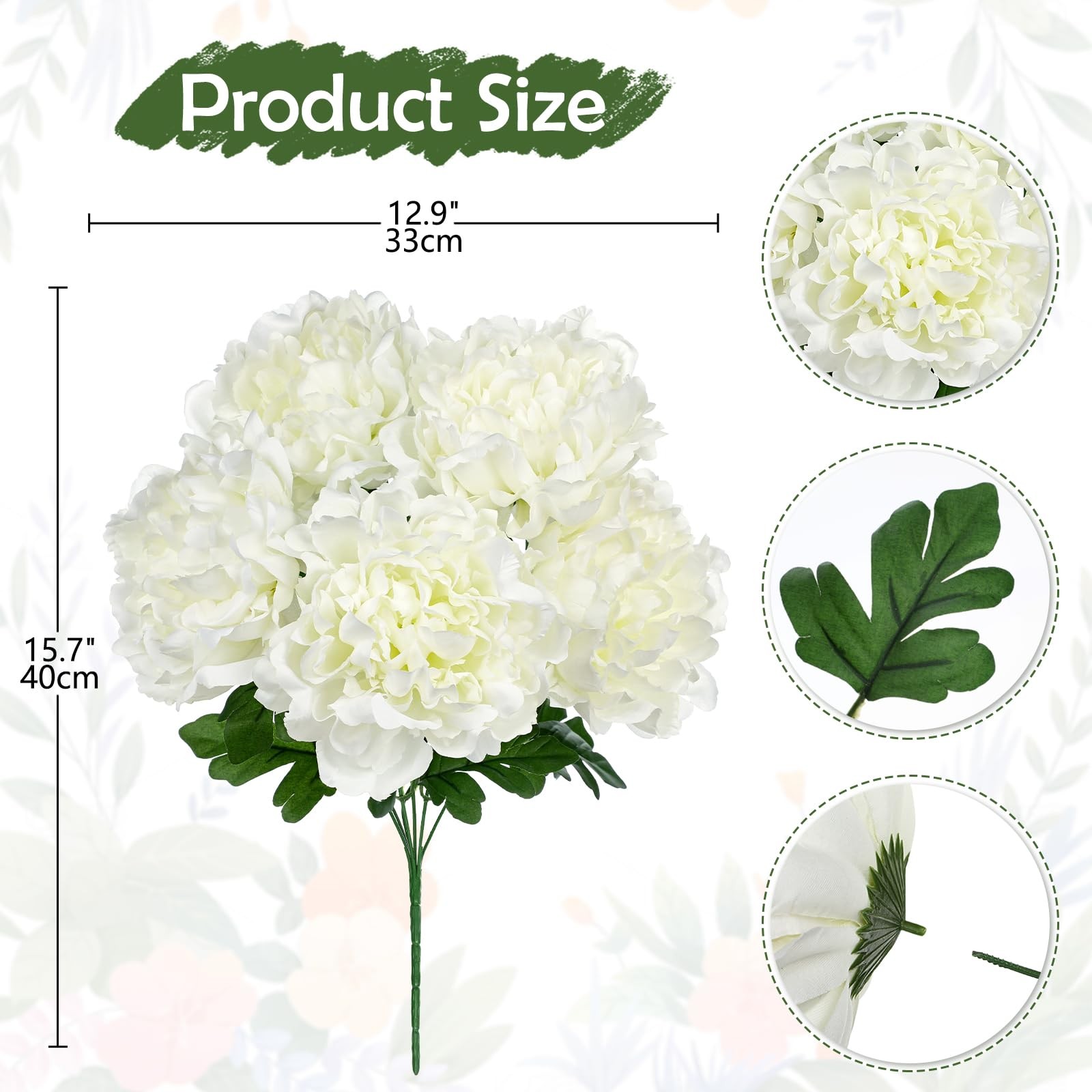 Artificial Peony Flowers Bouquet 15.7″ Faux White Silk Peonies Floral Arrange…