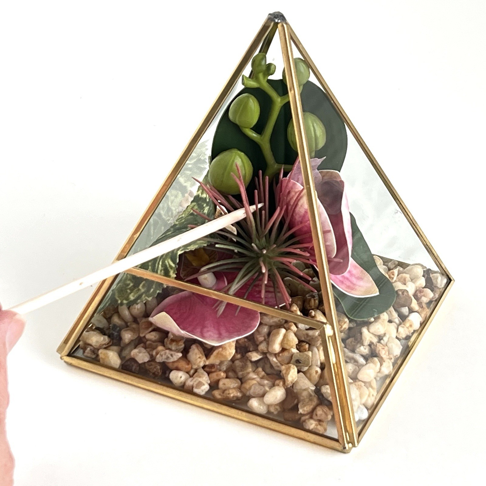 Geometric Pyramid Terrarium Tabletop Planter Artificial Succulents 6” Brass
