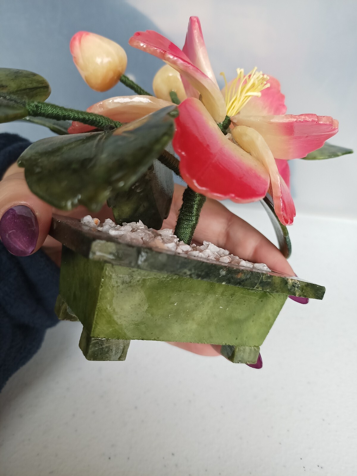 Natural Stone Flower Arrangement, Jade And Quartz Lotus/Peony
