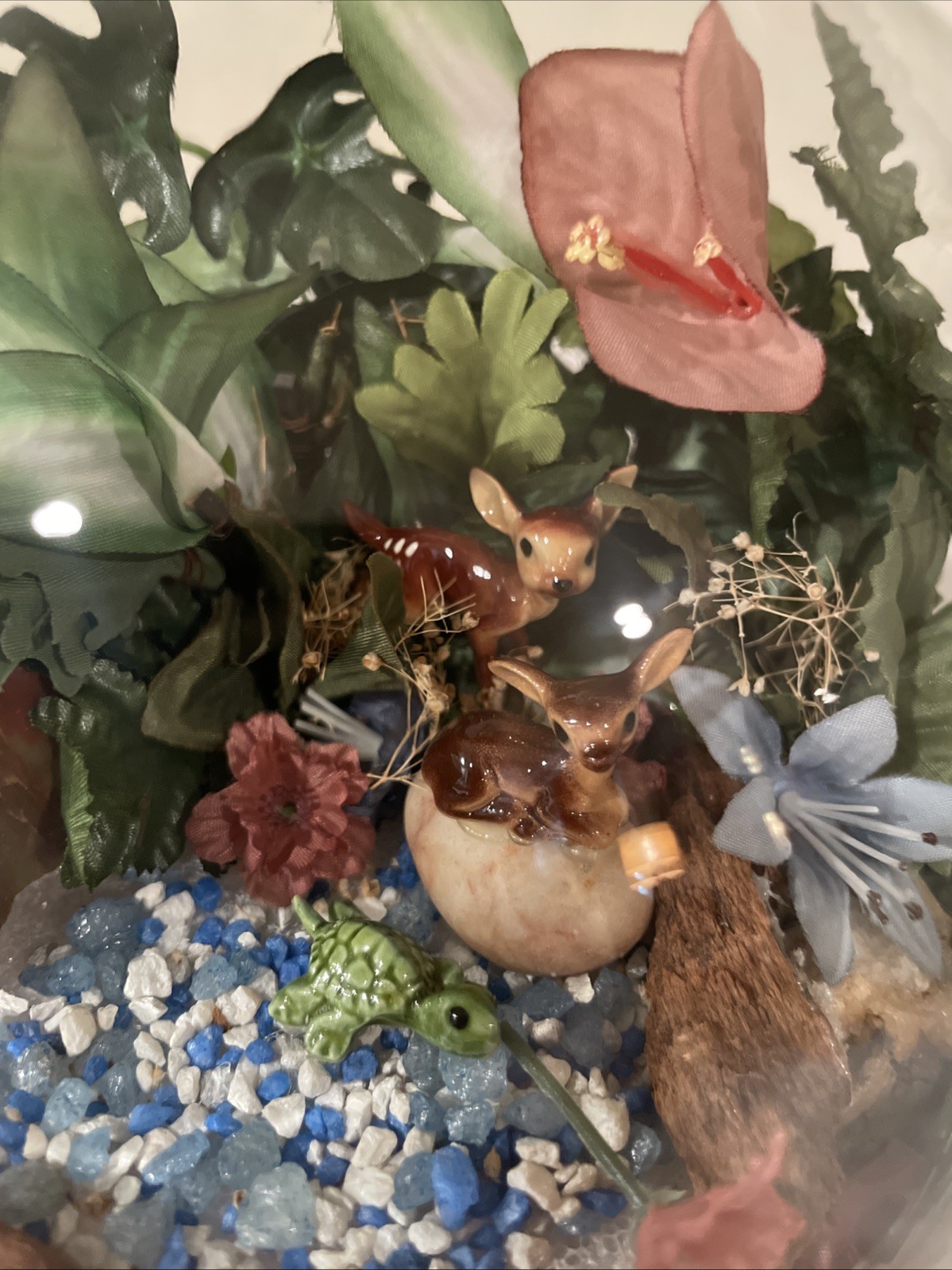 Vintage Glass Dome Terrarium Woodland Animals & Turtle 7”