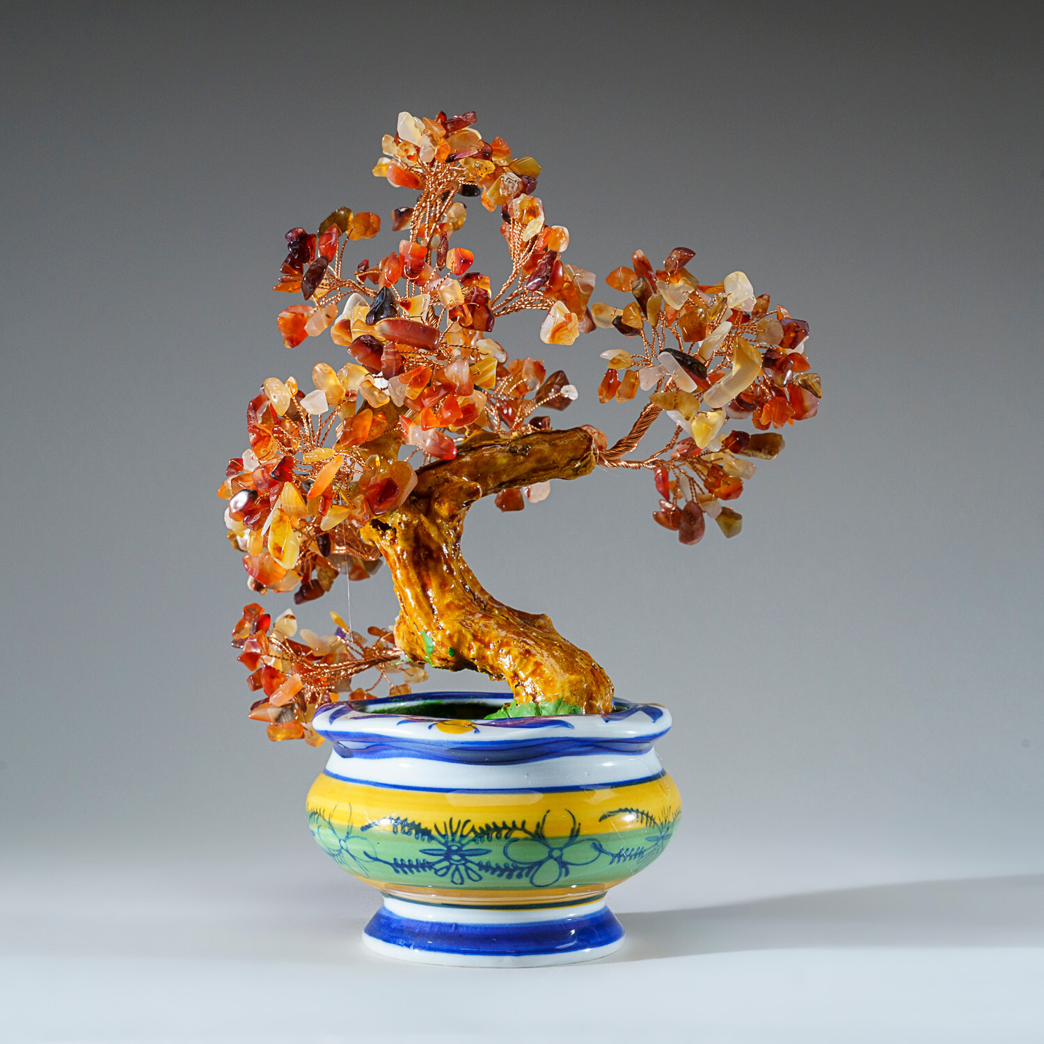 Genuine Carnelian Bonsai Tree in Round Ceramic Pot (8.5”)