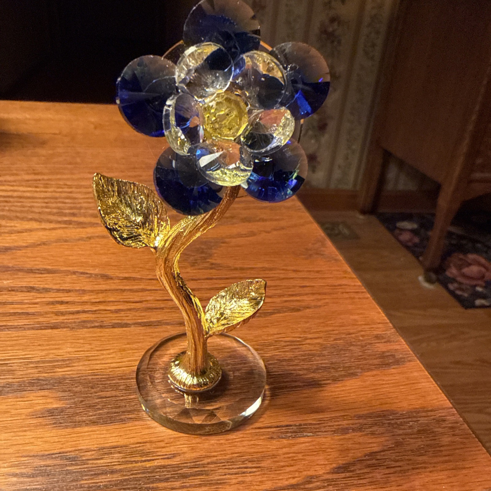 Unique Blue Crystal Plum Blossom Flower With Gold Leaves Figurine