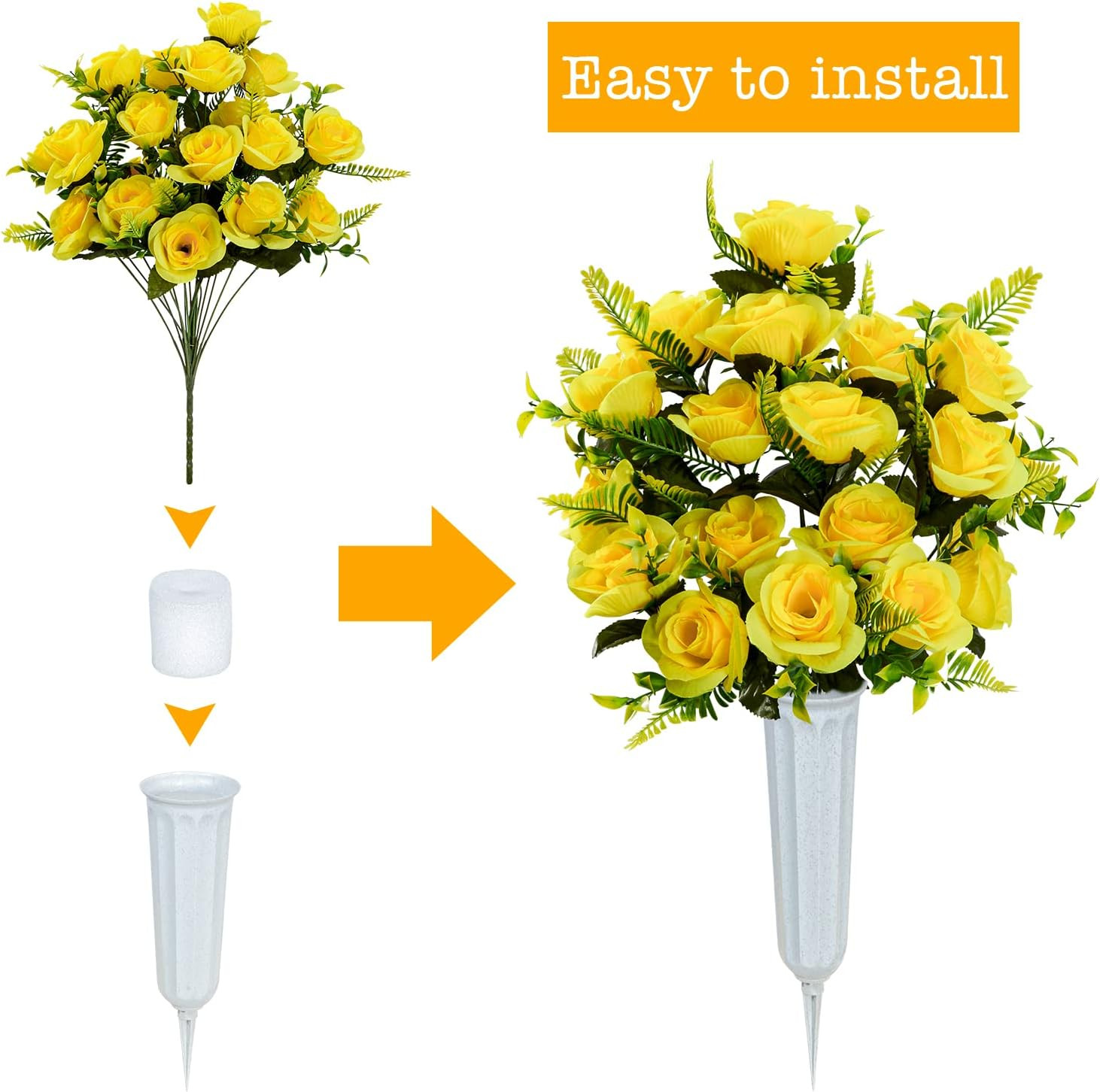 Artificial Cemetery Flowers with Vase, Set of 2 Artificial Rose Bouquet Graveyar