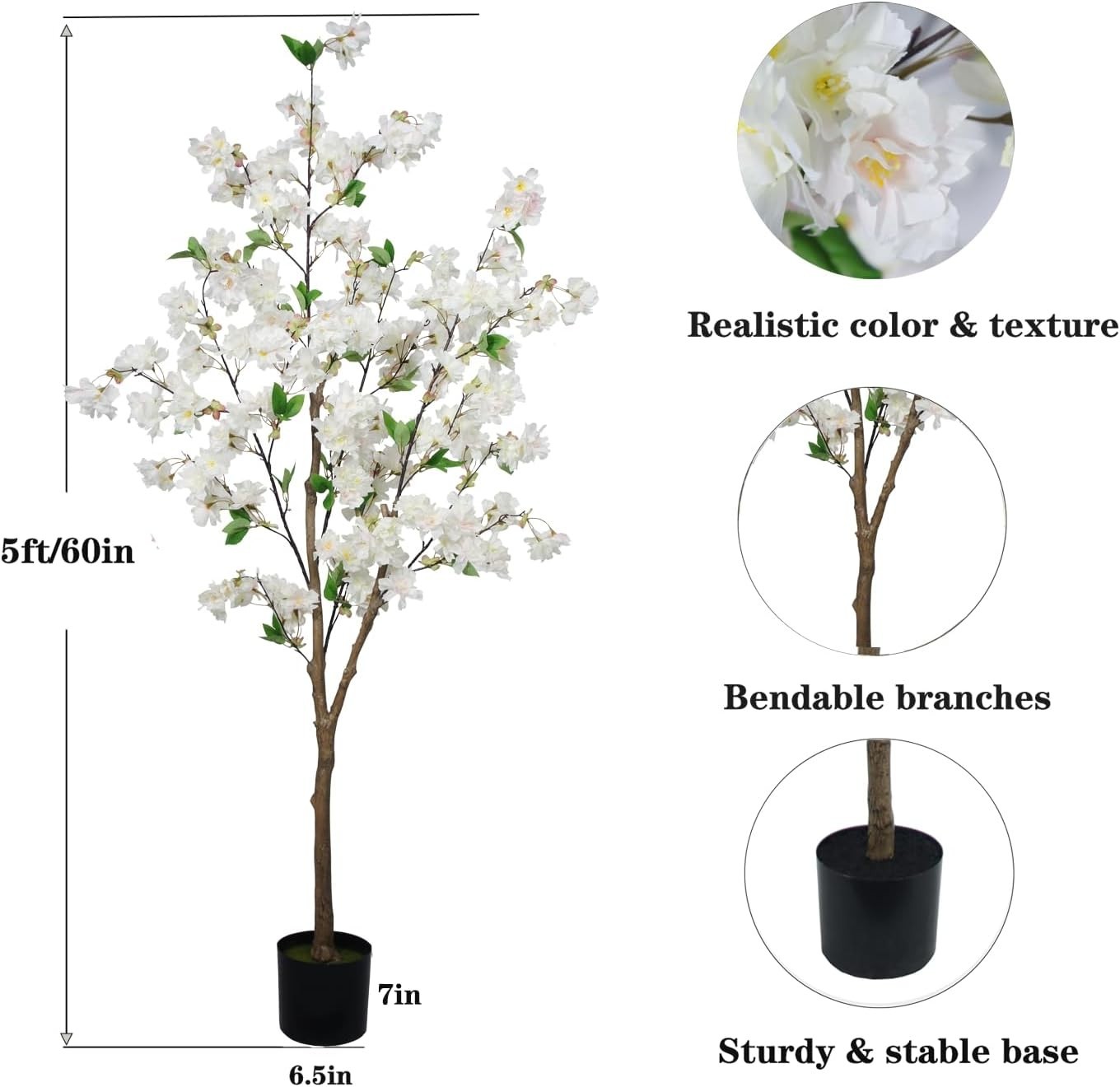 5FT Artificial Cherry Blossom Tree, Realistic White Cherry Plant in Pot for I…