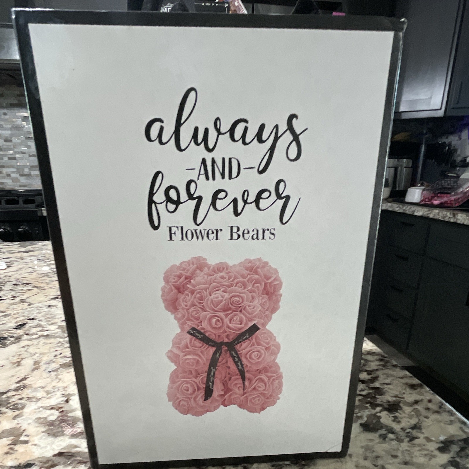 Always and Forever Pink Rose Flower Bear w/ Black Bow Gift Box Artificial Decor