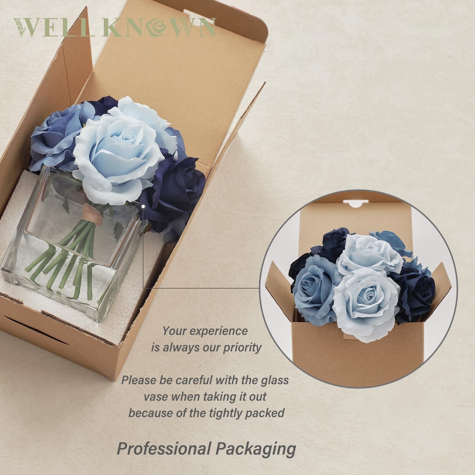 Blue Artificial Silk Rose Flowers In Vase Faux Water Table Centerpiece Decor