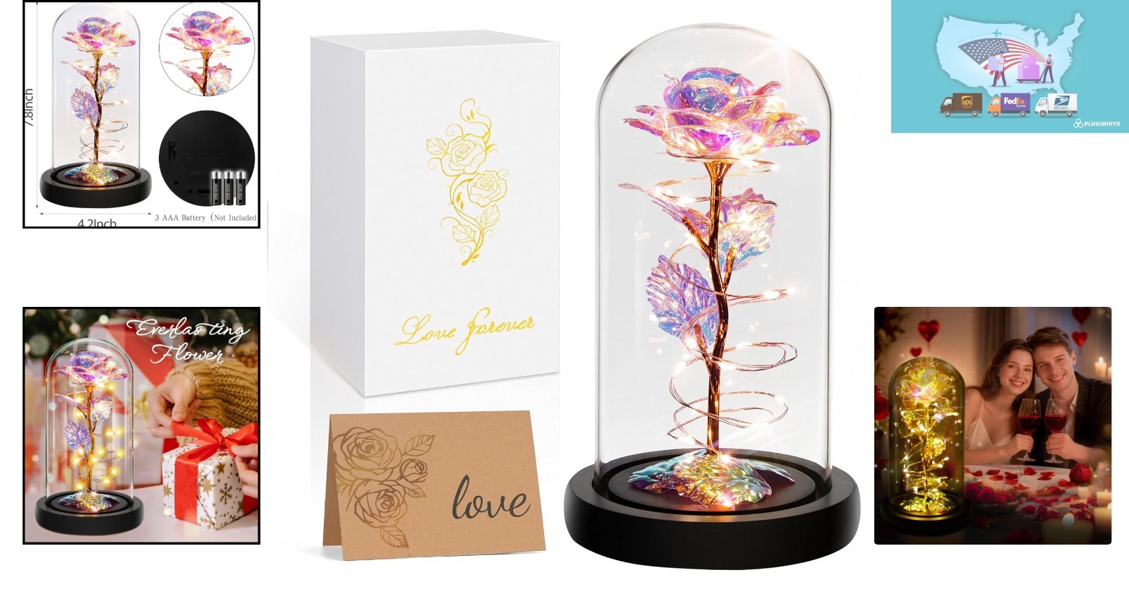 Eternal Rainbow Rose Gift with LED Lights in Glass Dome – Timeless Love Symbol