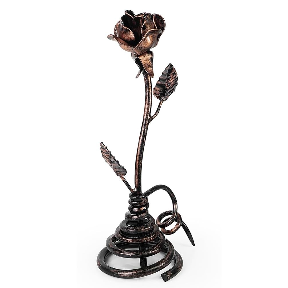 Metal Rose with Stand Iron Forever Flower Sculpture Antiqued Copper Finish