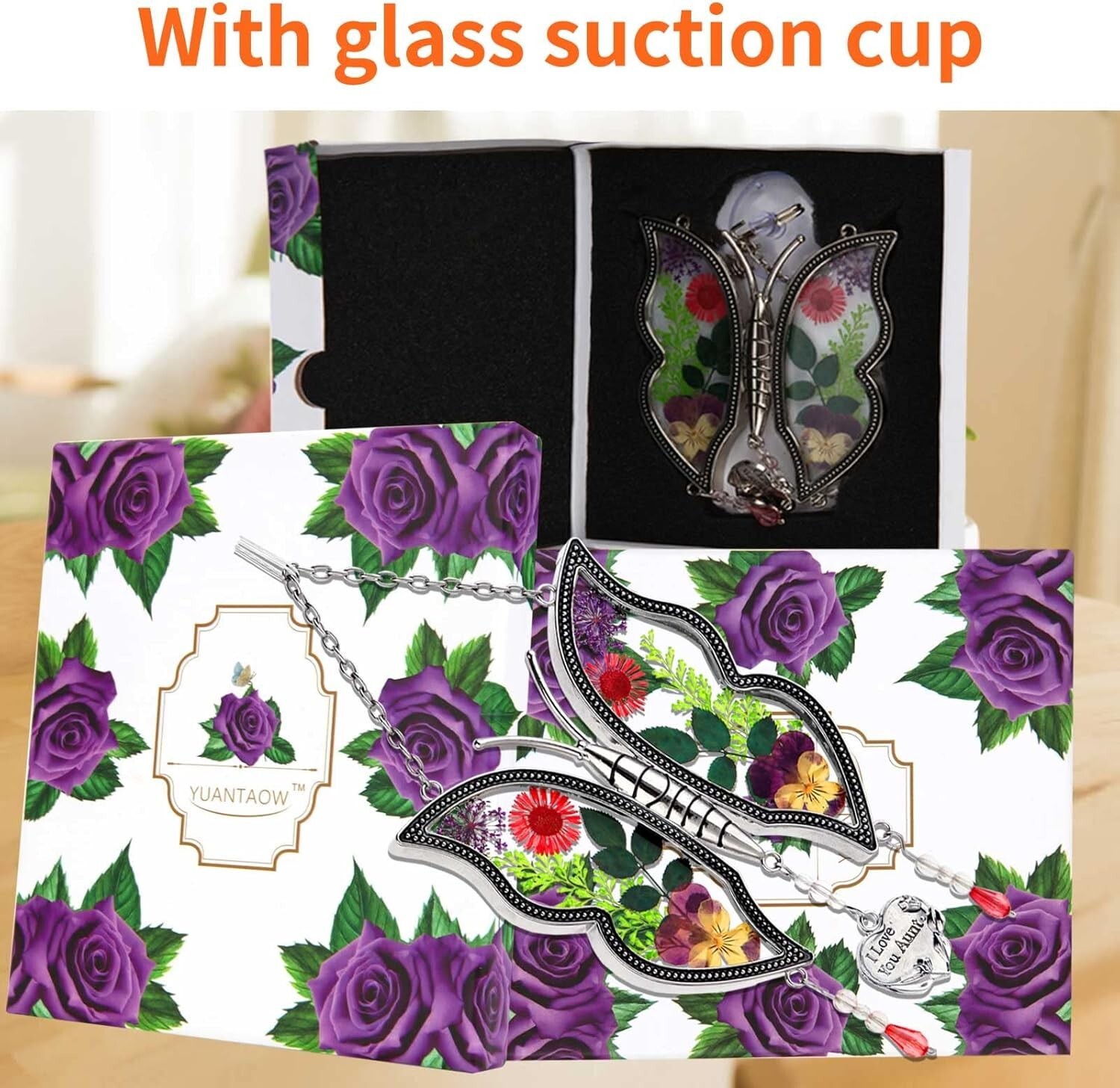 Aunt’s Gift, Butterfly Sun Catch Carefully Designed with Real Flower Glass Metal