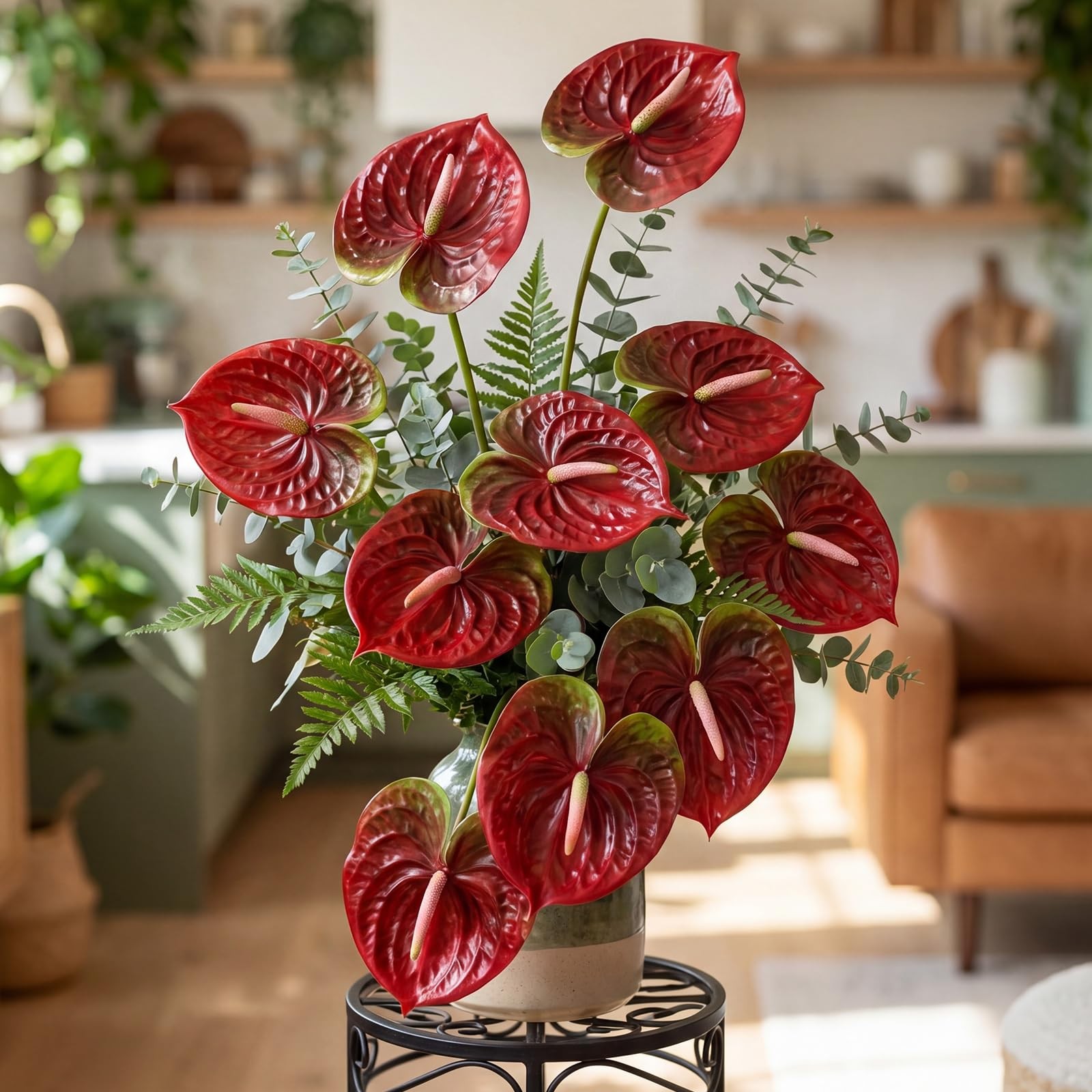 Artificial Anthurium Flowers Gradient Red 23.6 Inch Fake Bouquets 20 PCS
