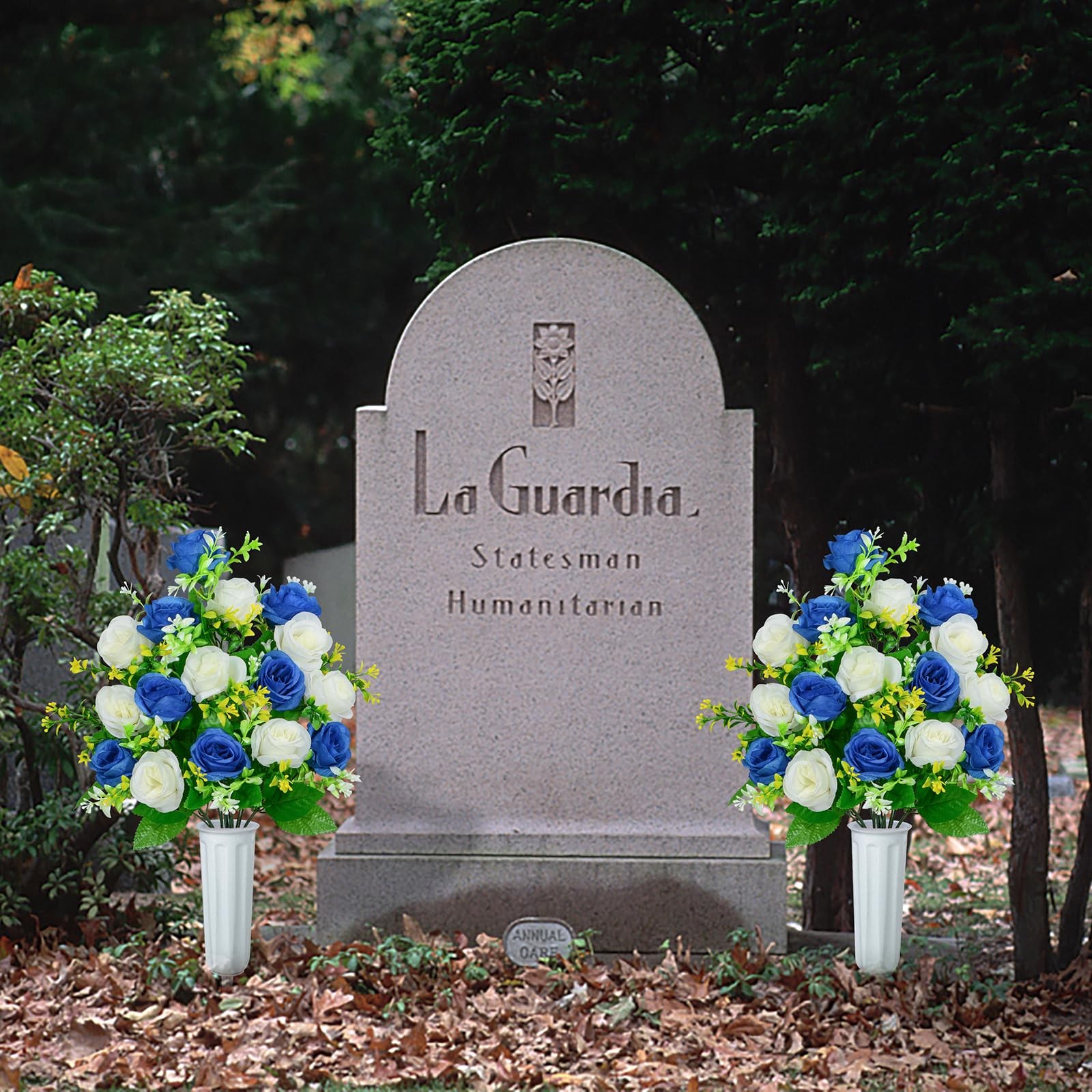 Cemetery Flowers Dark Blue & White Roses with Vases Memorial Headstone Set of 2