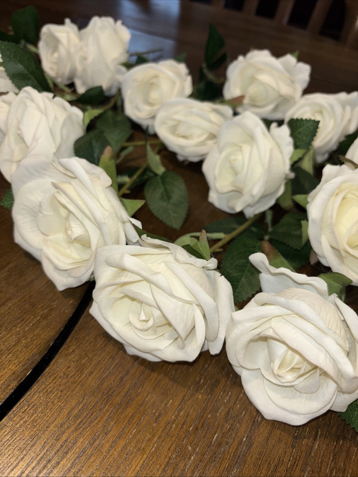 White Roses; 15 count, Artificial Flowers; Cut Stems; Short, with filler leaves