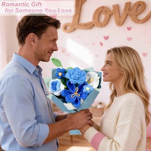Handmade Crochet Flower Bouquet – Blue Floral Gift Set with Box, Bag & Card