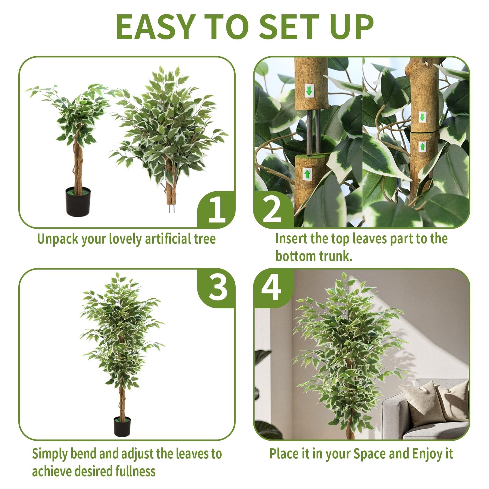 Ficus Tree Artificial, 4FT Realistic Fake Tree for Indoor, Faux Ficus Tree wi…