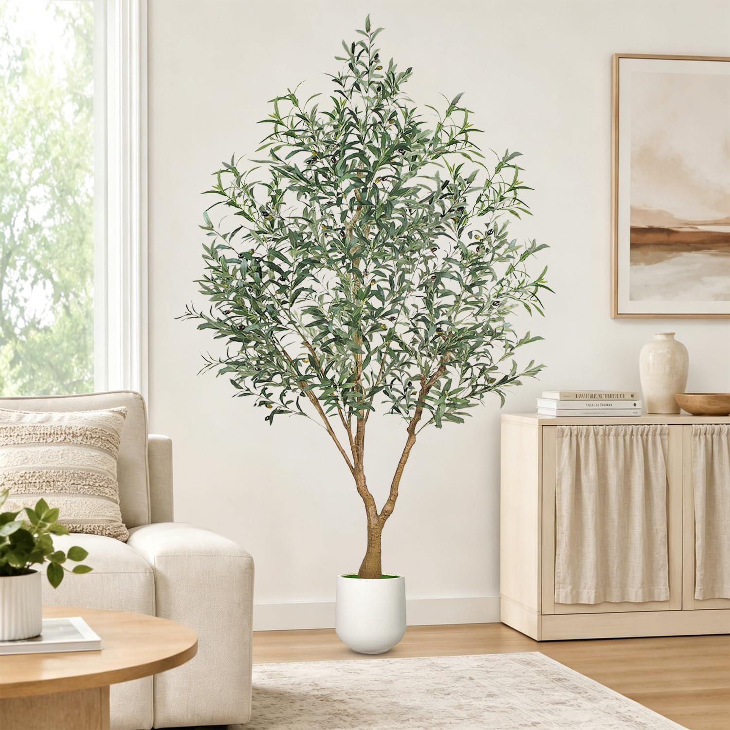Olive Trees Artificial Indoor, 7FT Tall Faux Olive Tree with White Tall Planter,