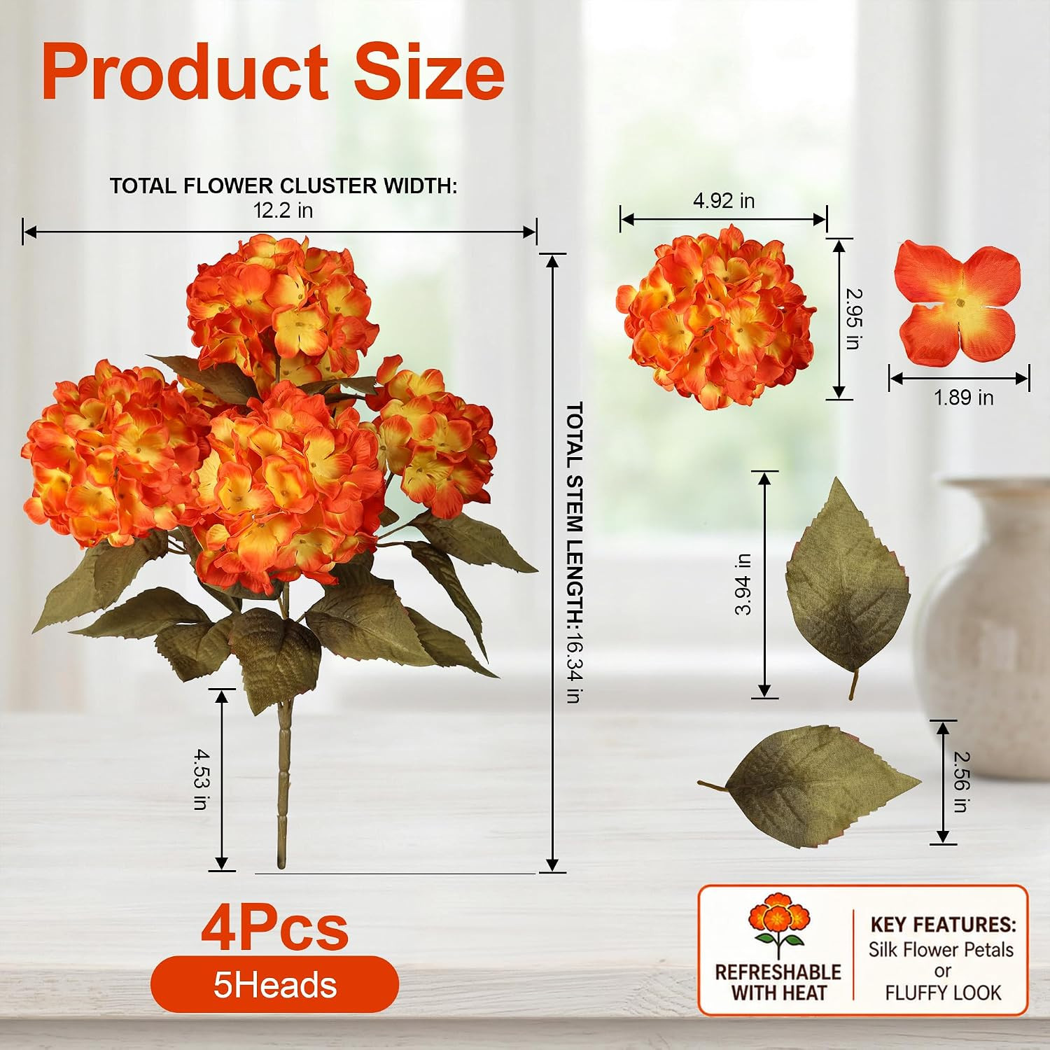 Artificial Flowers for Outdoors, 4 PCS Fall Fake Silk Hydrangea Flower Stems for