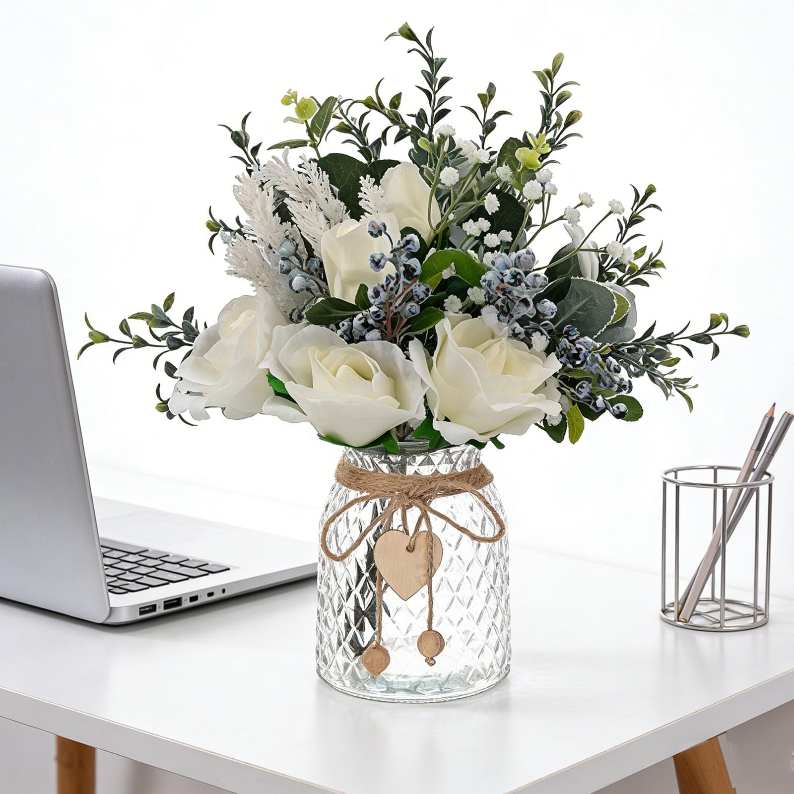 Faux Flowers In Vase Silk Blueberry Fake Roses Bouquet Artificial Centerpiece