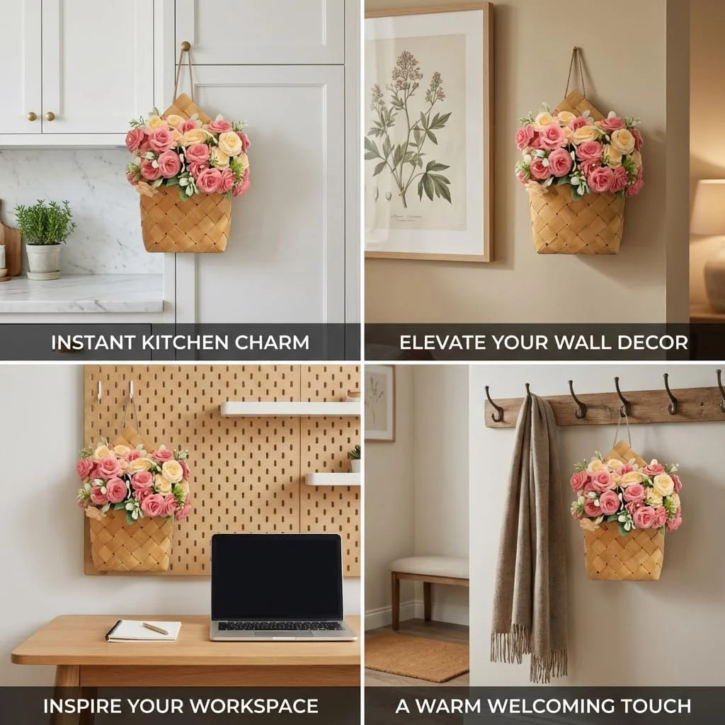 Wall Decor – Cottage Core Decor,Set of 2 Artificial Flower Bouquet & Handwoven B