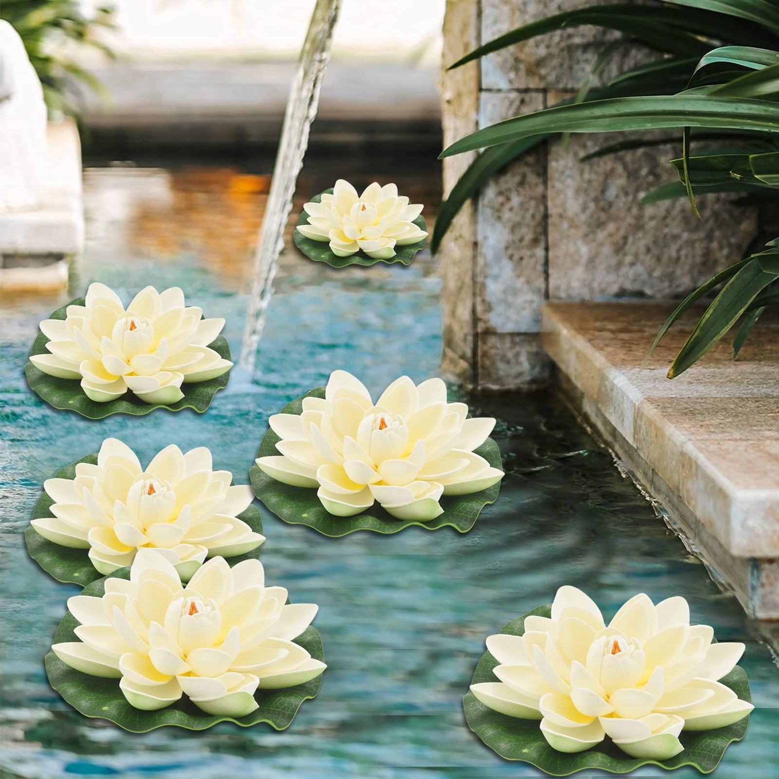 6Pcs Artificial Floating Foam Flowers,With Water Lily Pad Ornaments,Ivory2894