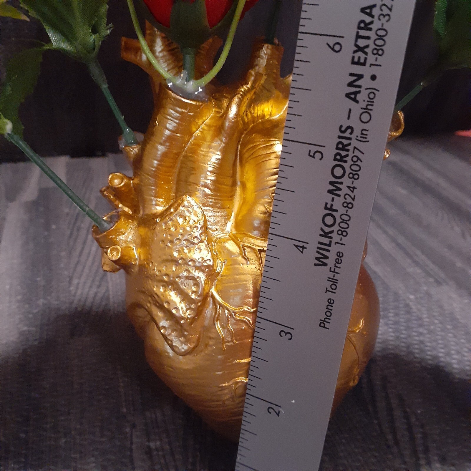 Goldtone Human Heart Faux Rose Display. Creepy Romantic Gift Halloween