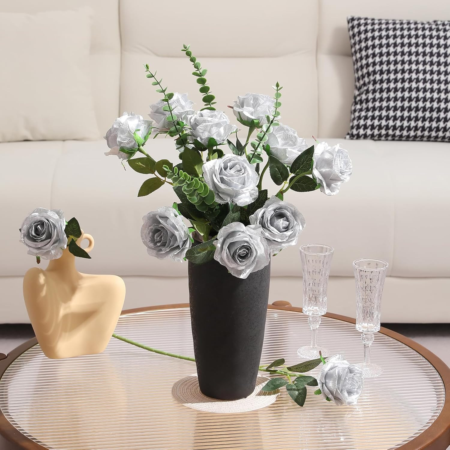 Silver Roses Artificial Flowers -12Pcs Realistic Single Long Stem Fake Silk Rose