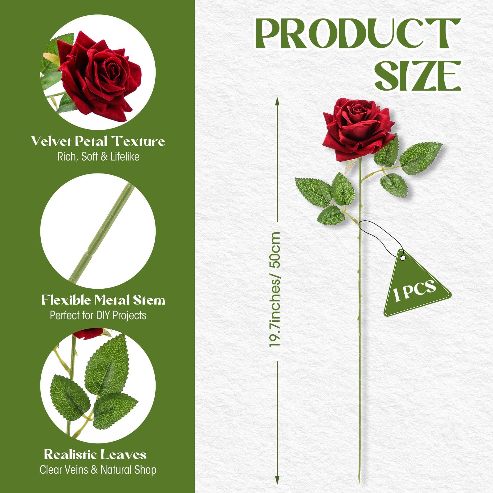 Velvet Single Roses Red Artificial Flowers, Fake Silk Rose Faux Look Real Floral