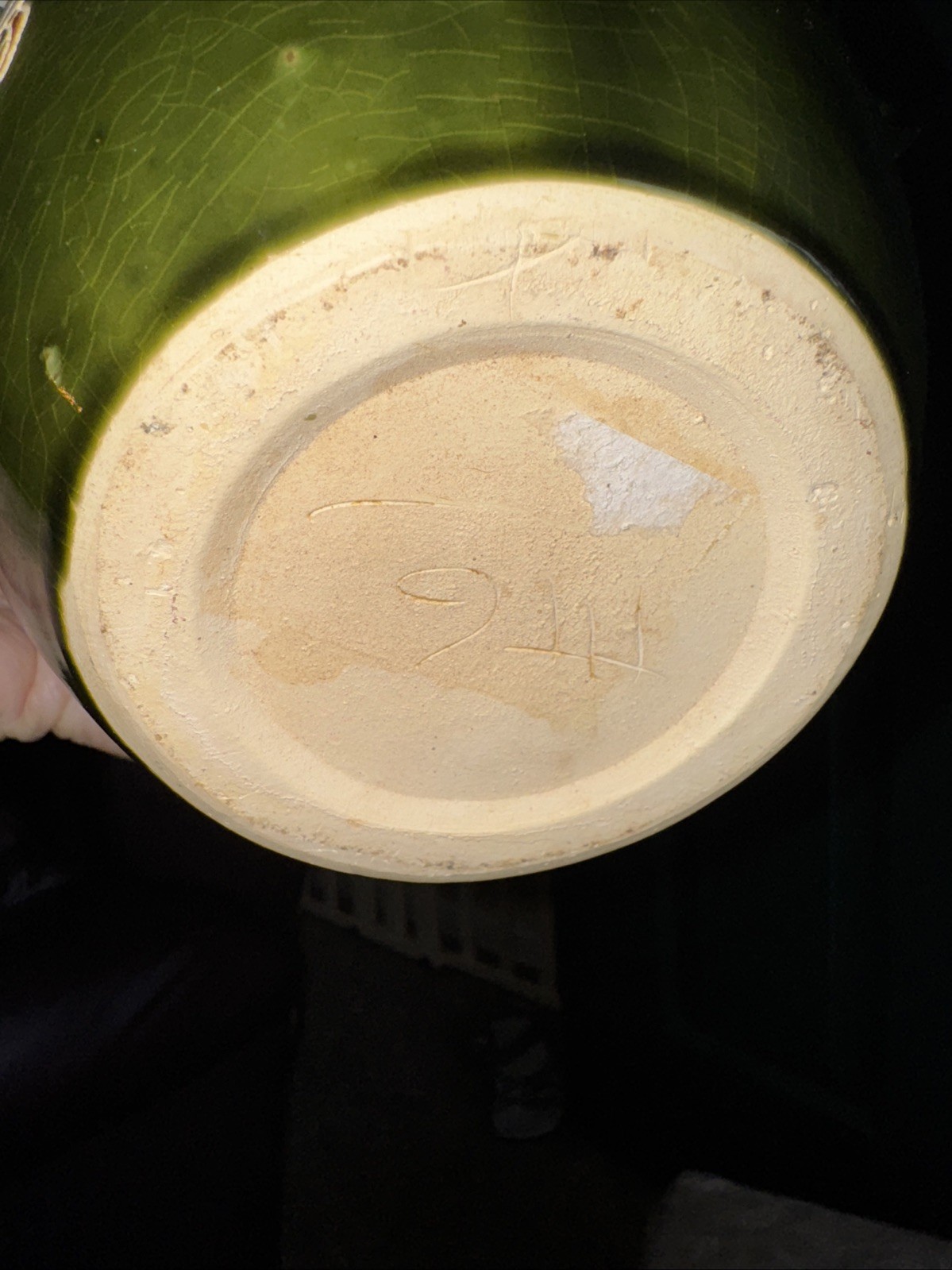 Vintage green ceramic pot featuring a pattern of ducks W/ Artificial Greenery