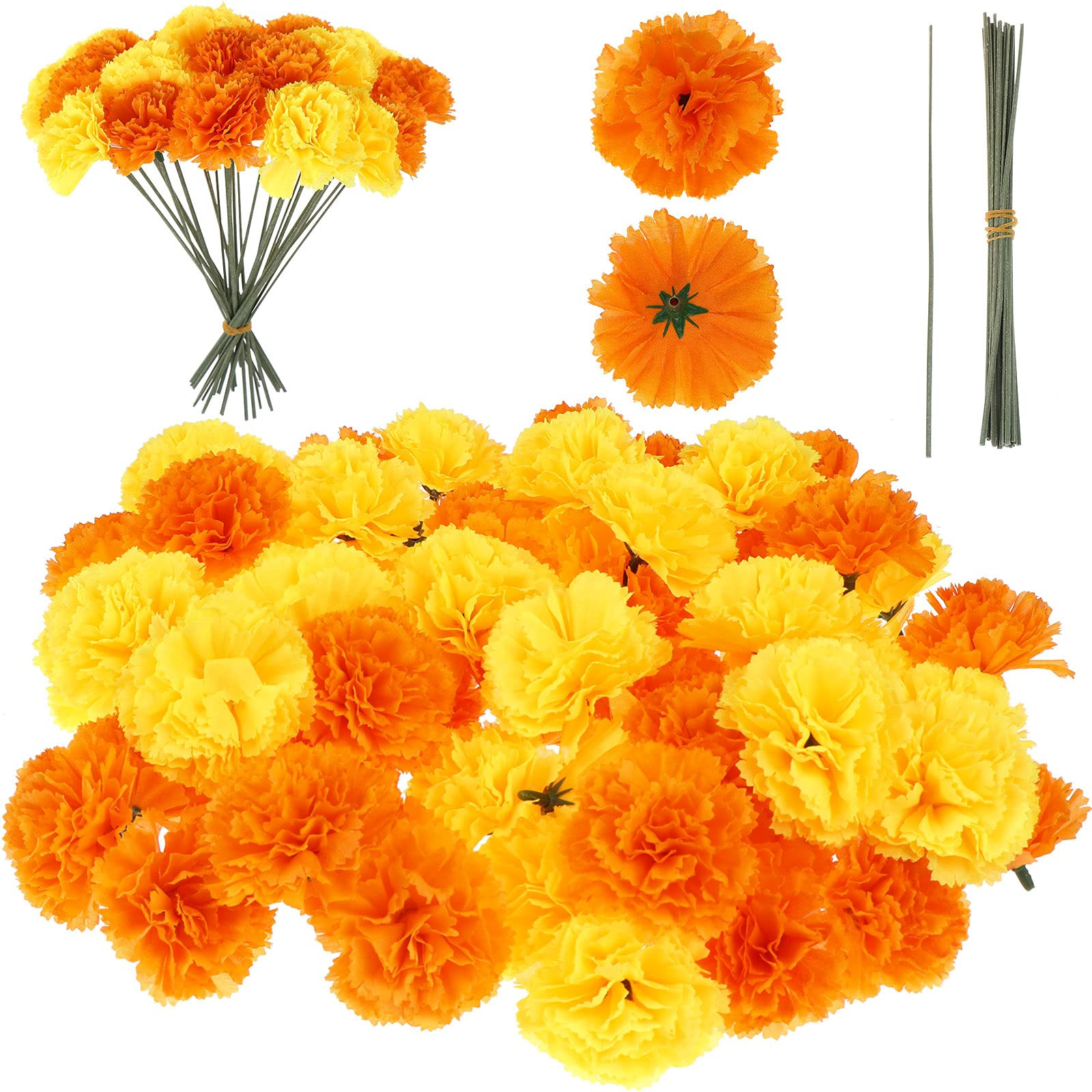Artificial Marigold Flower Heads Bulk Bunch Fake Halloween with Stems for Par
