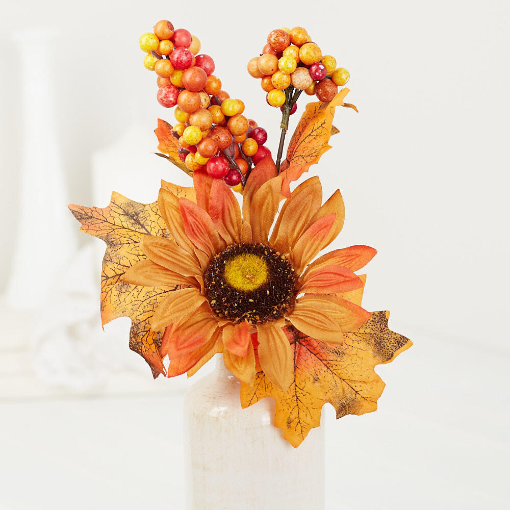 Group of 6 Fall Artificial Maple Leaf and Harvest Sunflower 12-3/4″ Picks