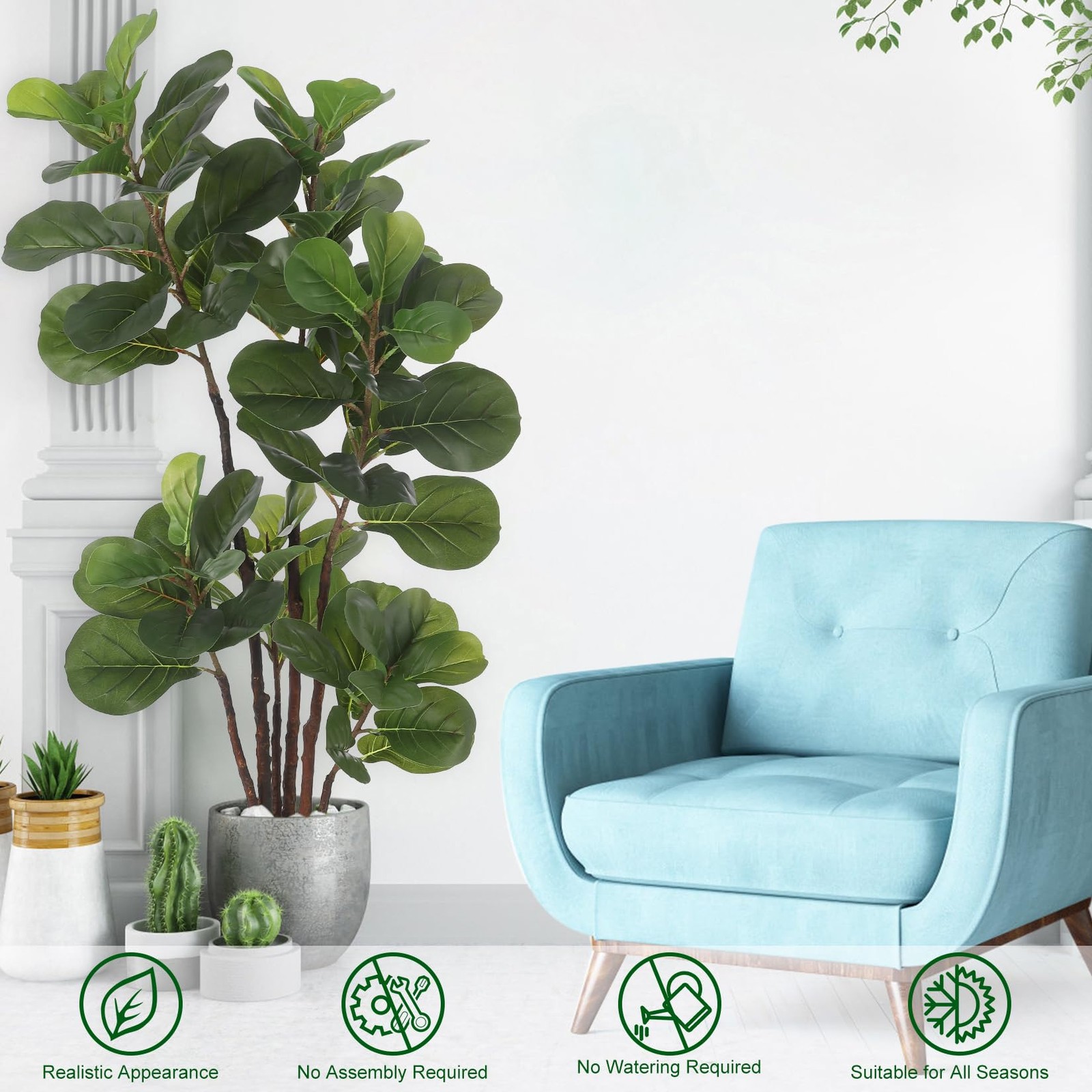 Artificial Fiddle Leaf Fig Tree, 4 Ft Faux Ficus Lyrata Tree with 72 Leaves i…