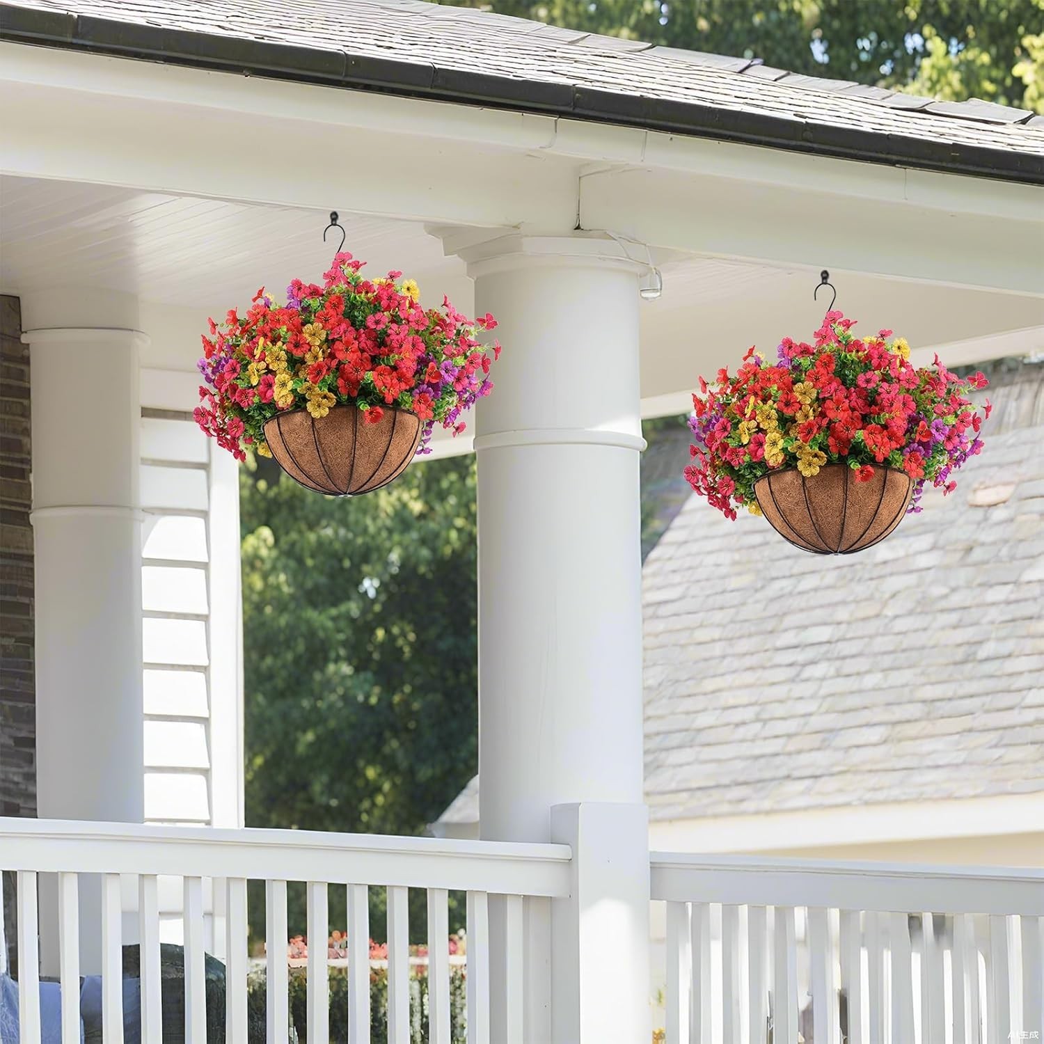 2 Hanging Planters with 24 Flowers, Red/Purple/Yellow