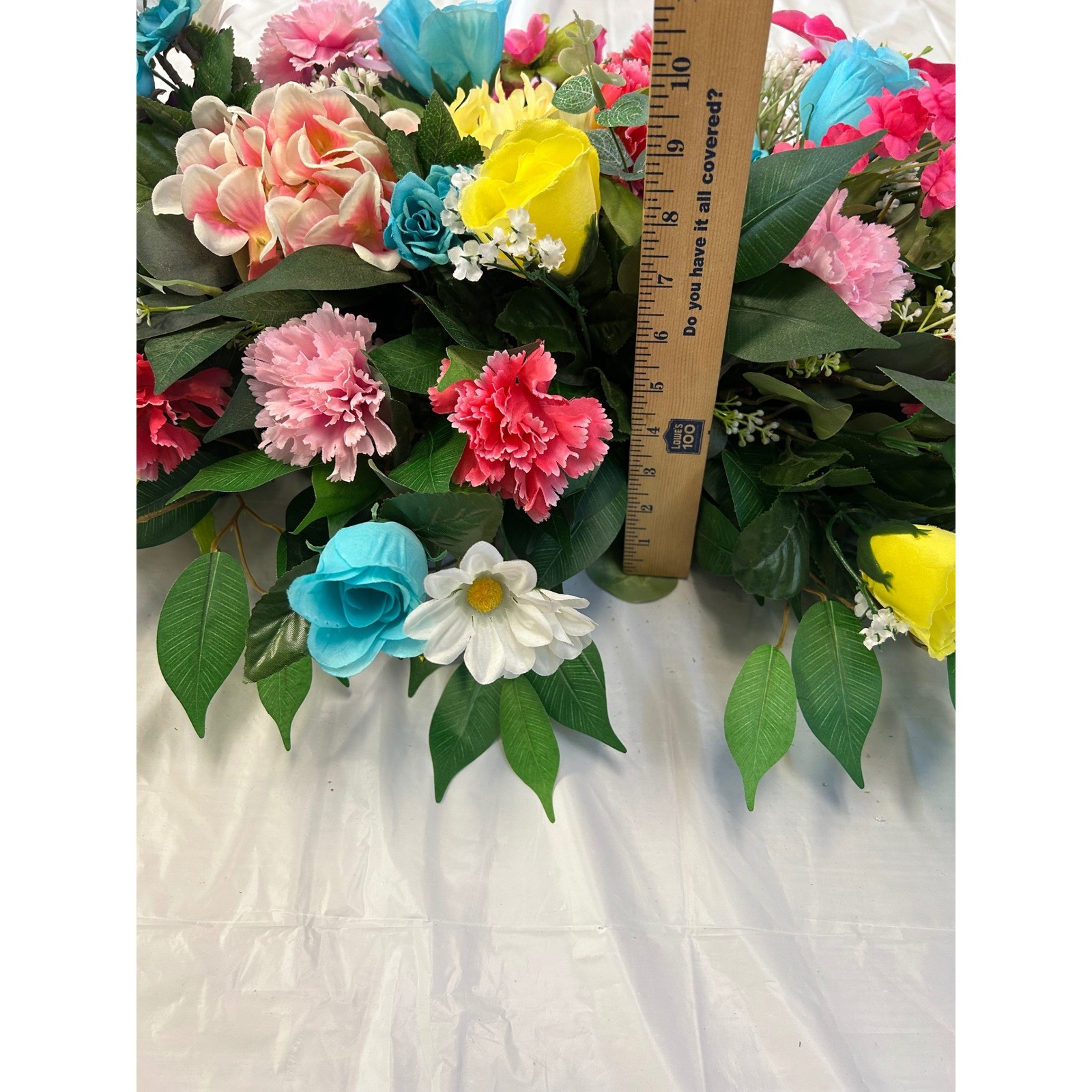 Multi Color Floral Saddle Cemetery Headstone Spray Faux Lilies Roses 34 Inch