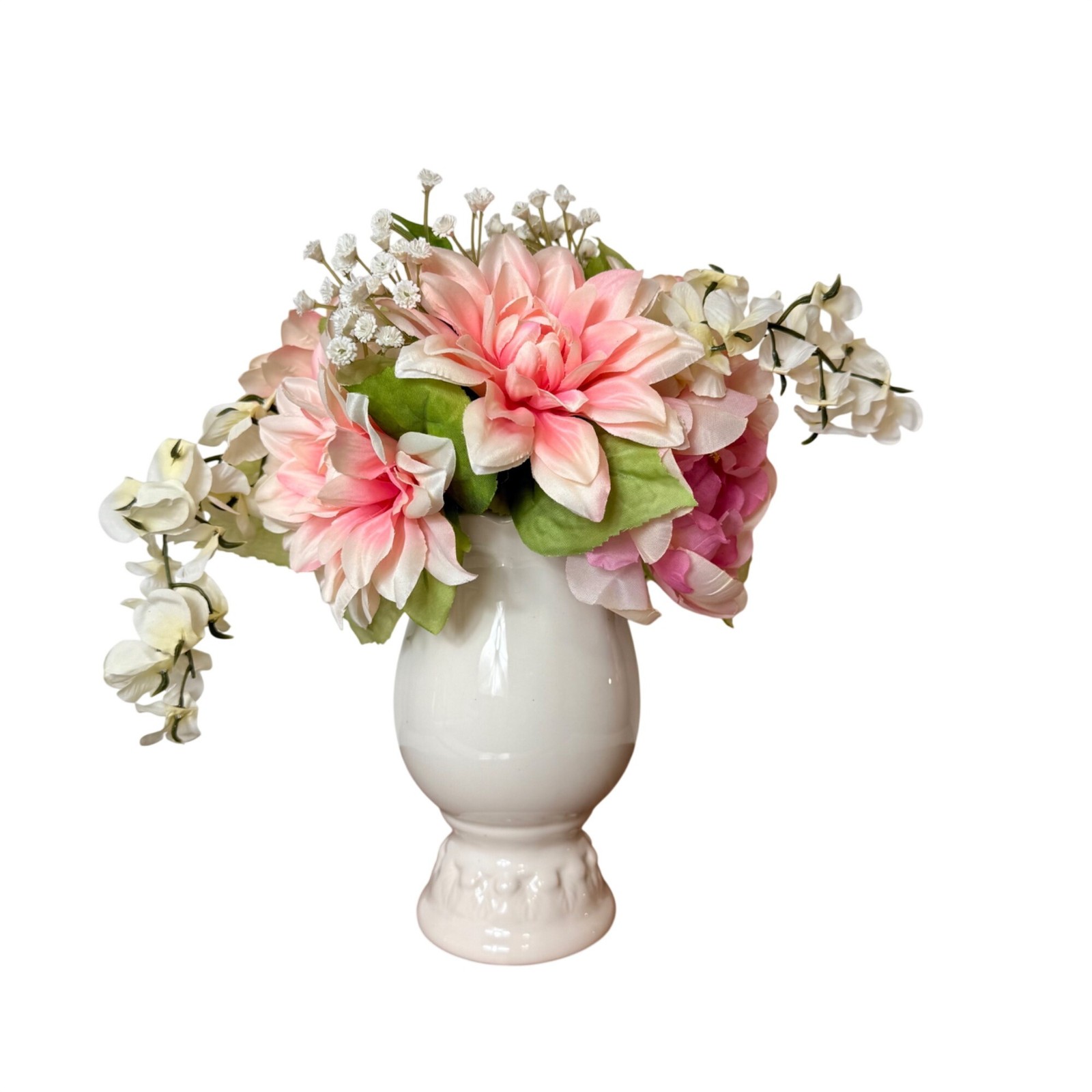 Vintage Faux Floral Arrangement White Ceramic Pedestal Vase Pink Peonies Decor