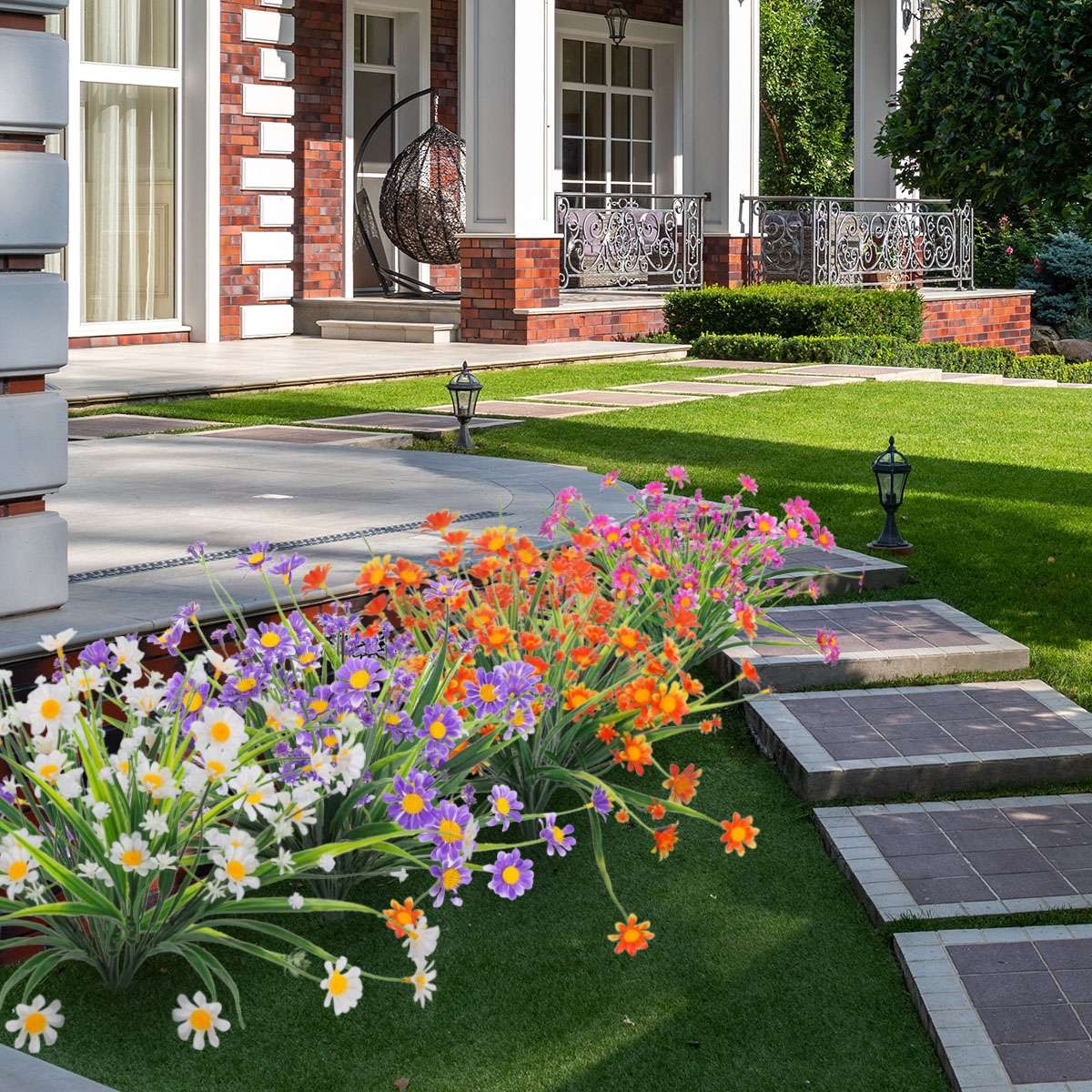 4 Bundles Artificial Flower Plastic Fake Outdoor Plants Faux UV Resistant Garden