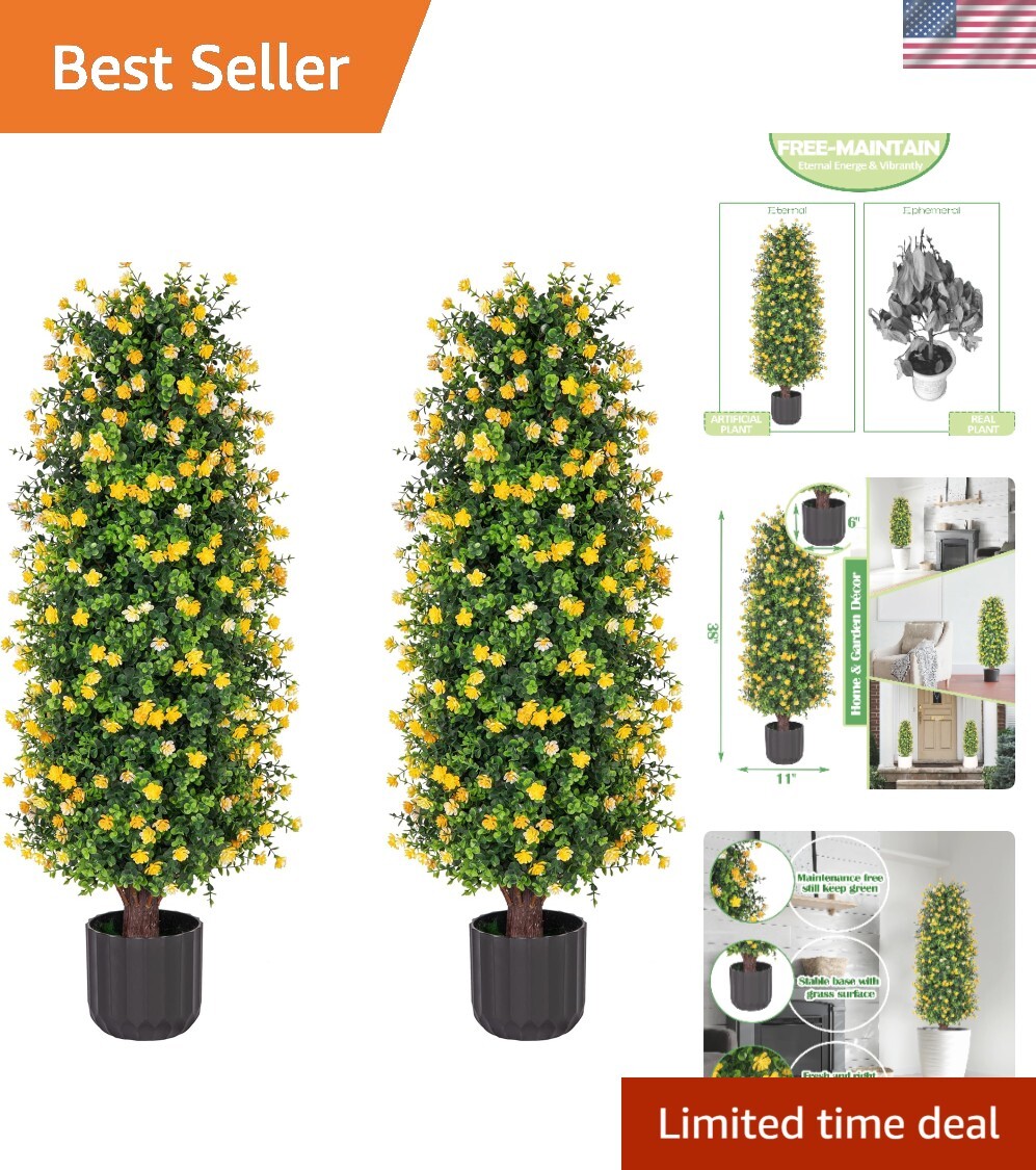 Lifelike Yellow Rose Plants – 2 Pack 3FT Topiary for Indoor and Outdoor Artistry