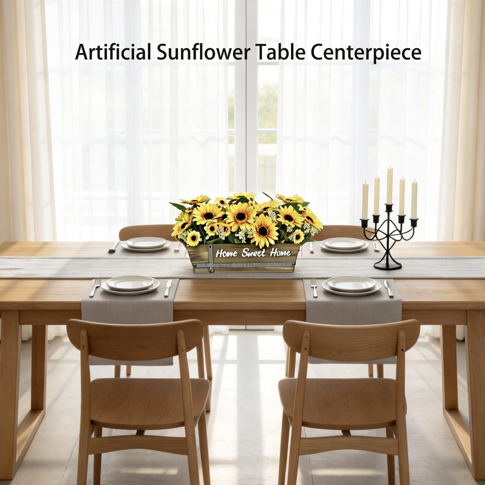 Artificial Sunflower Arrangement in Rustic Wood with “Home Sweet Home” Sign, …