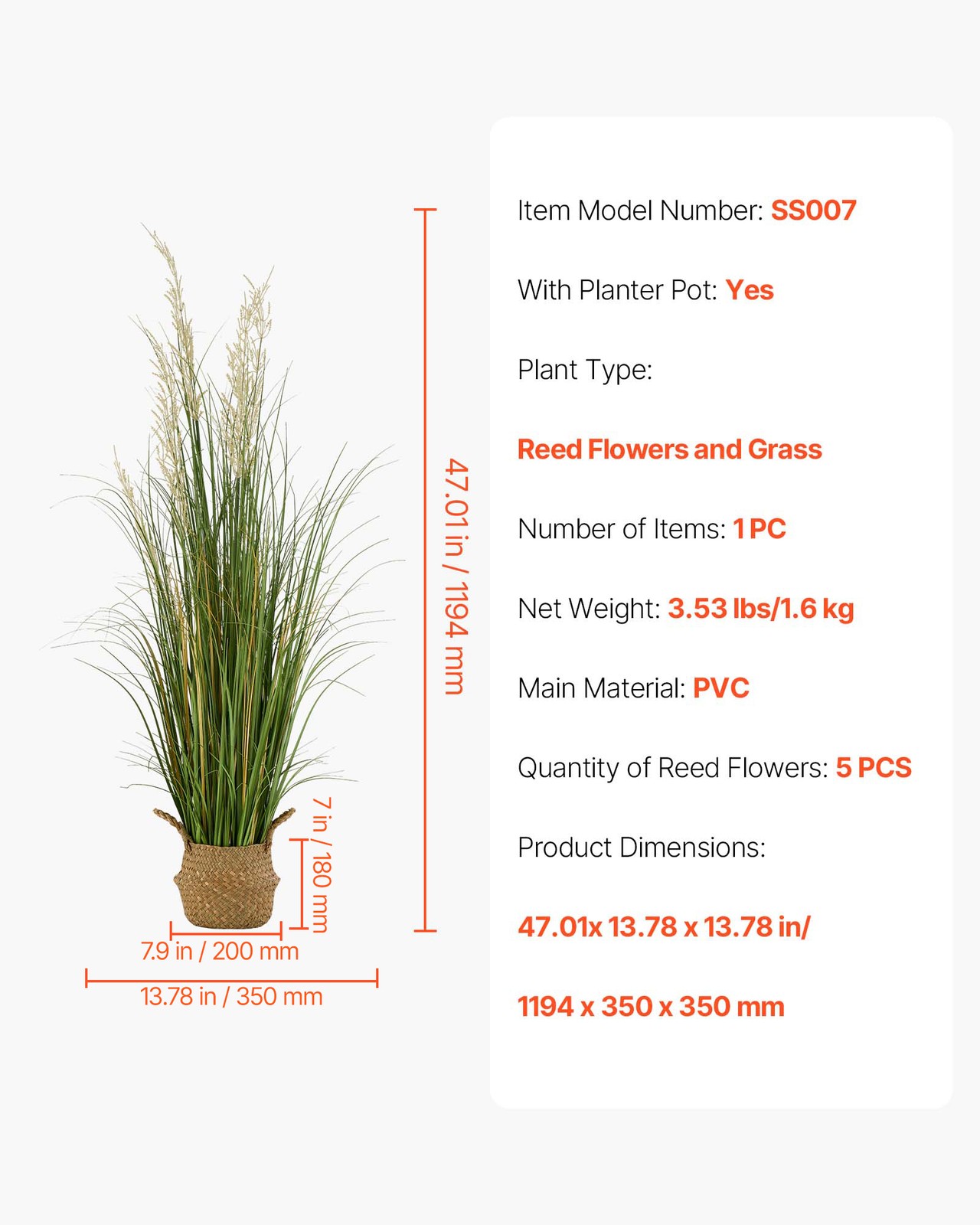 VEVOR Artificial Grass Plant 47 Inch Reed Flower Grass In Pot Green 1 Pack