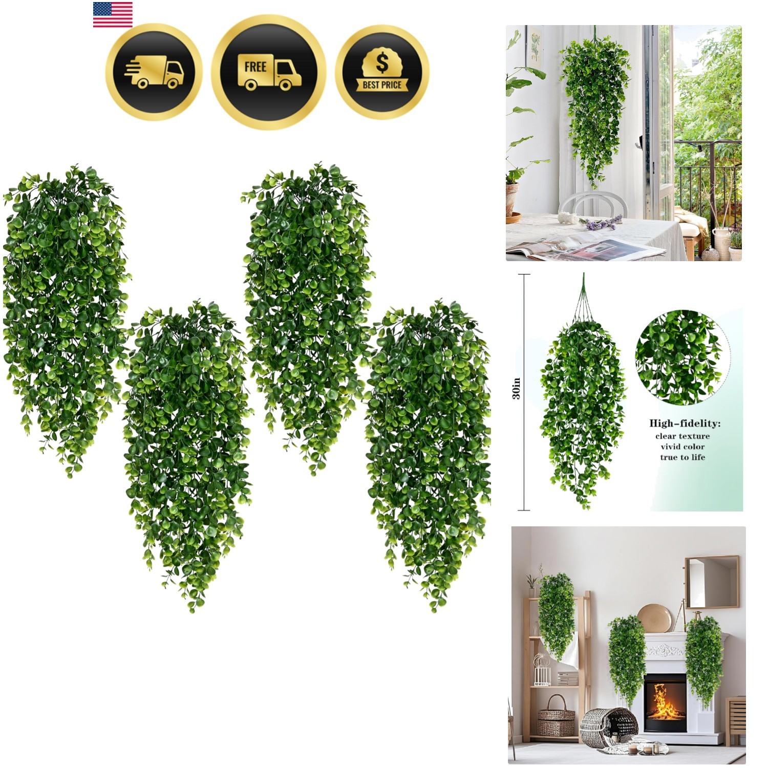 4Pcs Fake Hanging Plants 2.7ft Fake Plants Eucalyptus Leaves UV Resistant Fak…