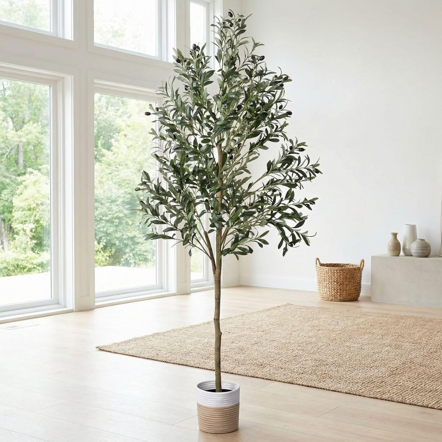 6Ft Dense Leaves Artificial Olive Tree with Woven Basket – Realistic Faux Olive