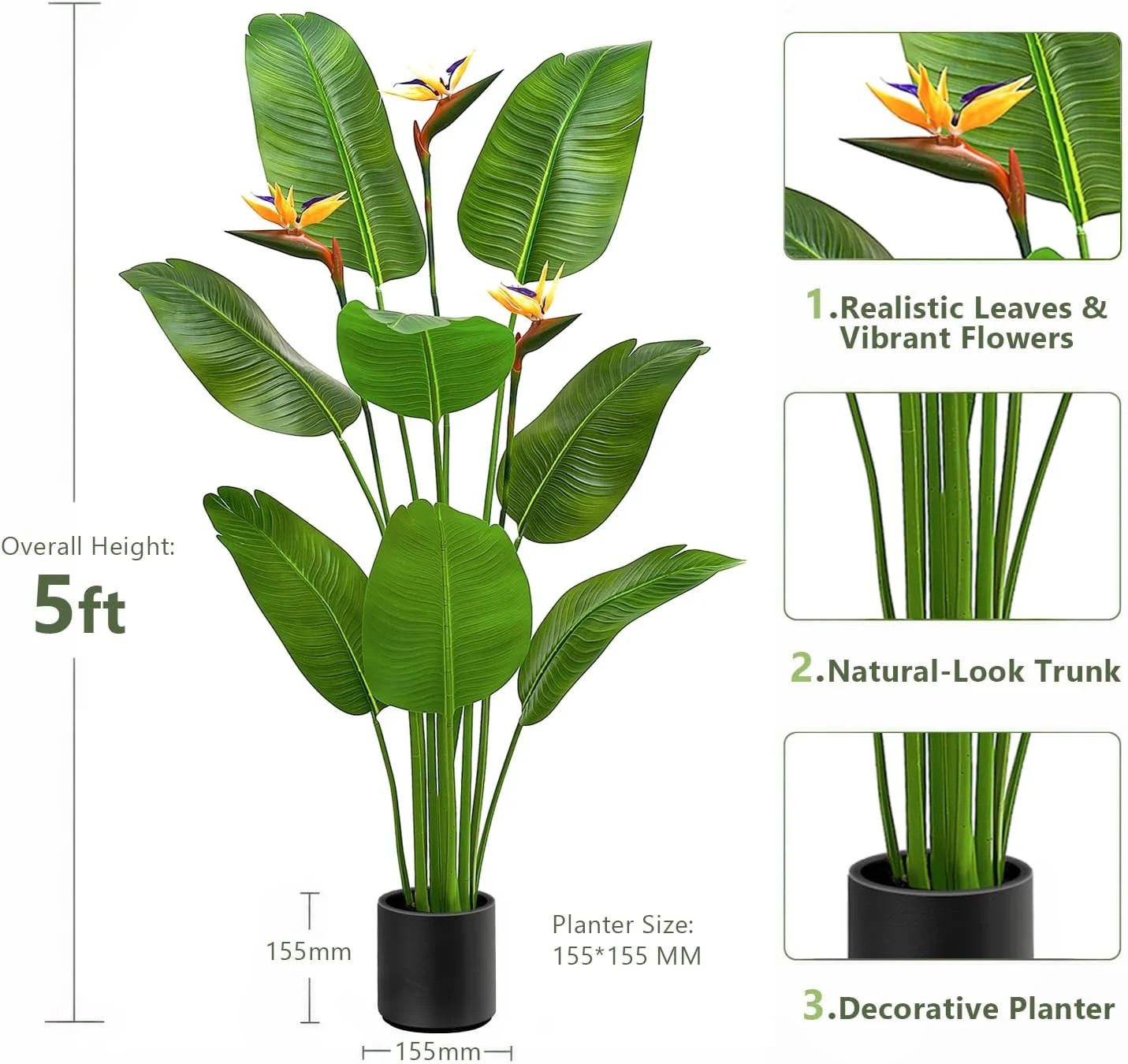 5FT Artificial Bird of Paradise Plant with Flowers, Tall Tropical Fake Plant Ind
