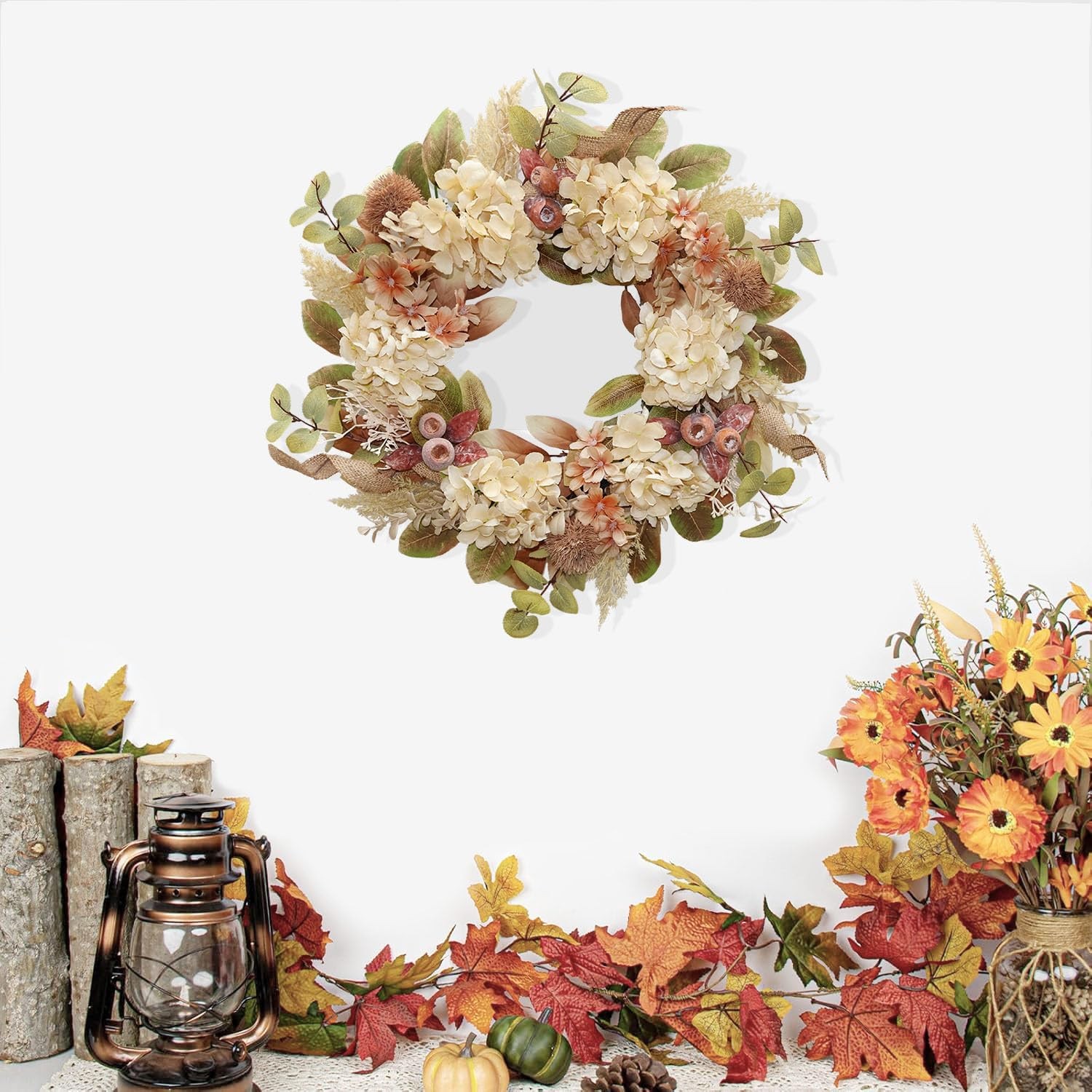 18 Inch Fall Wreath for Front Door Boho Brown Outdoor Decor