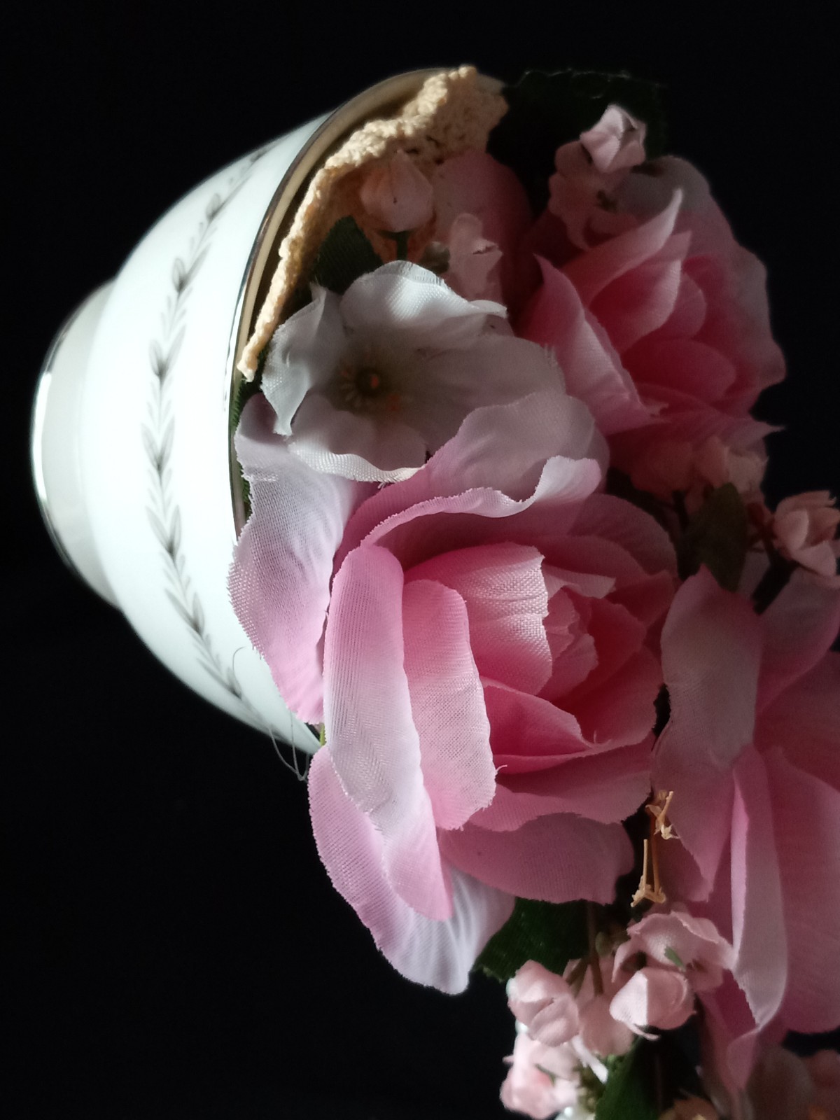 New Floral China Floating Teacup W Pink Floral Arrangement 8″ Tall #B FL#2
