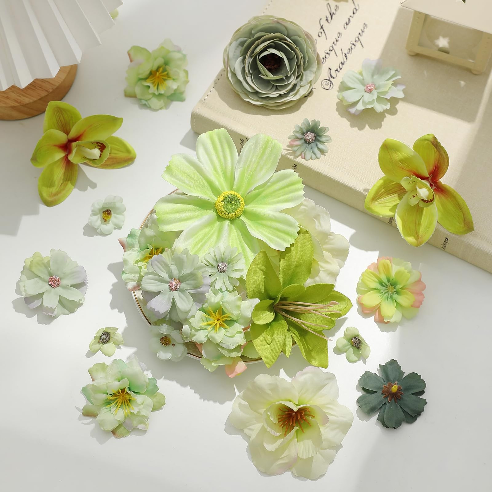 Fake Flower Heads Bulk – Green Silk Daisy & Rose Artificial Flower for Crafts…