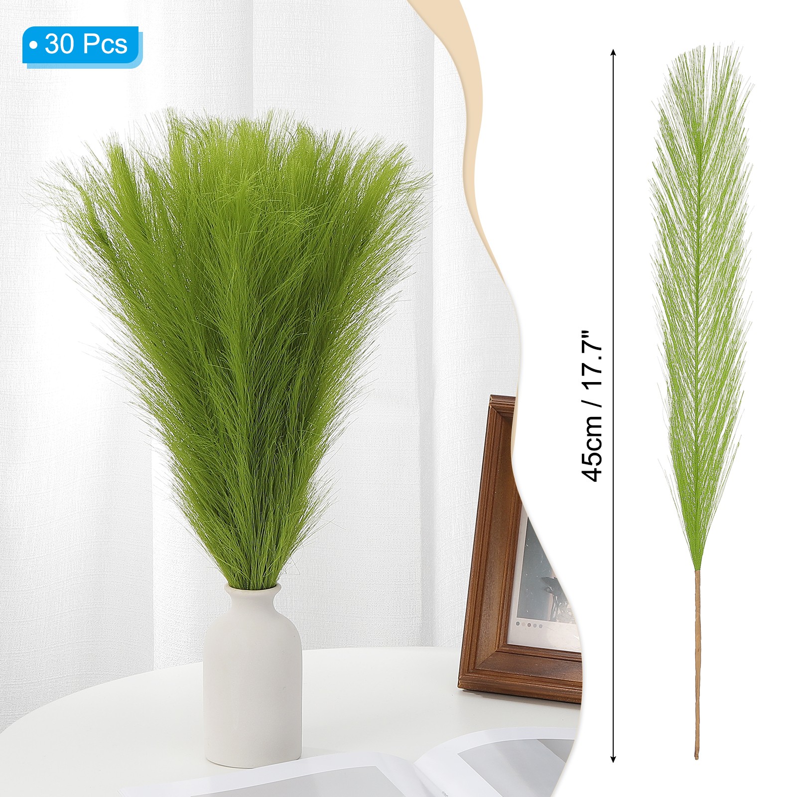 17.7in Pampas Grass Decor 30pcs Artificial Grass Bulk Fluffy Faux Dried Green