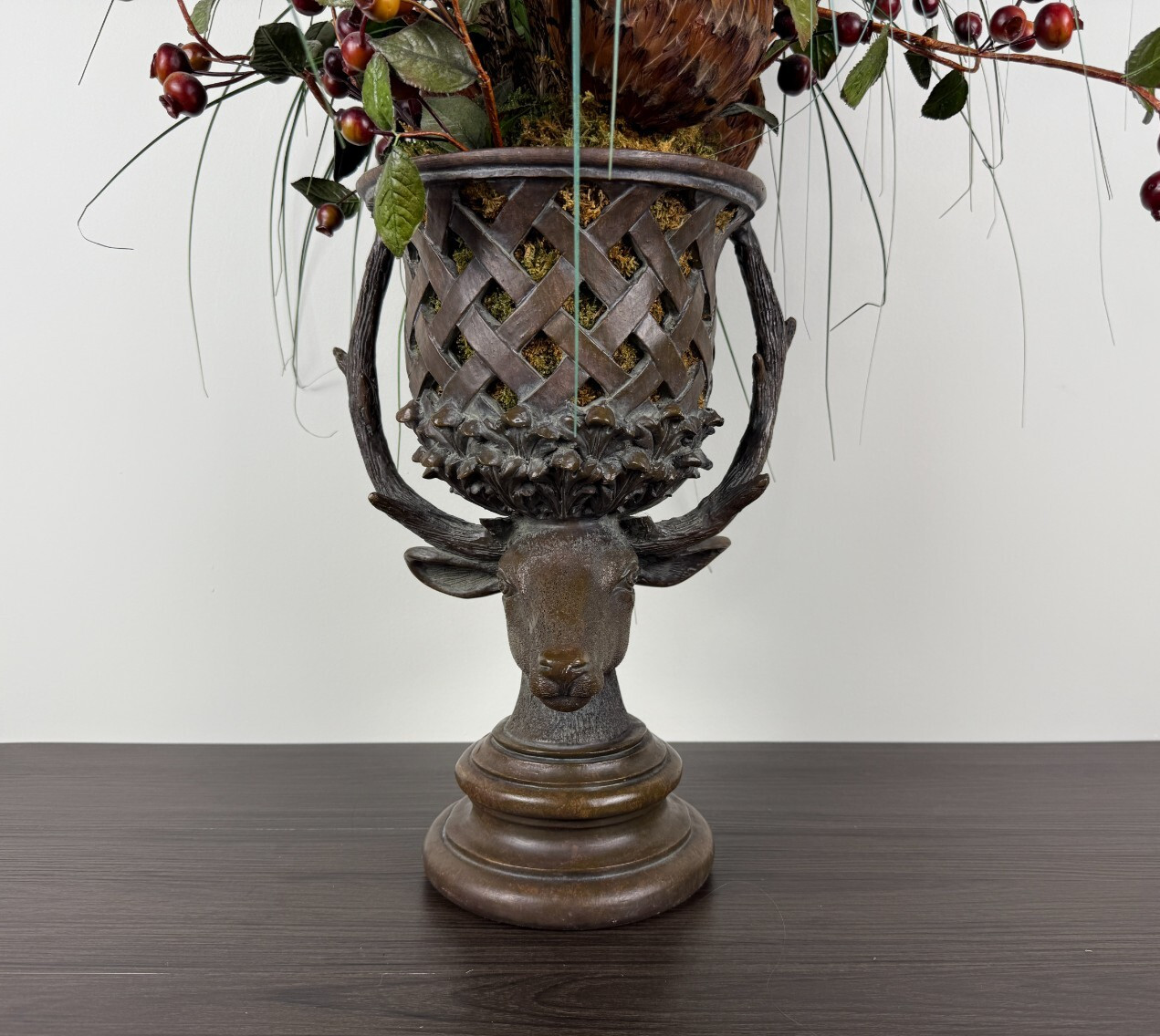 Rustic Stag Head Urn Faux Floral Arrangement Pheasant Feather Lodge Centerpiece