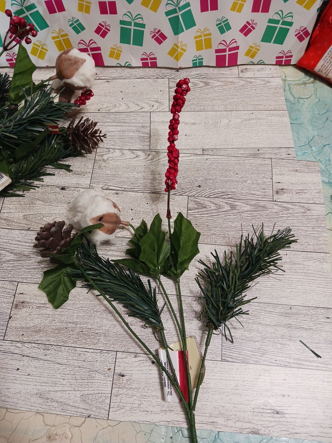 Cotton buds, pine cones, holly berry. Beautiful winter fall flower bouquets