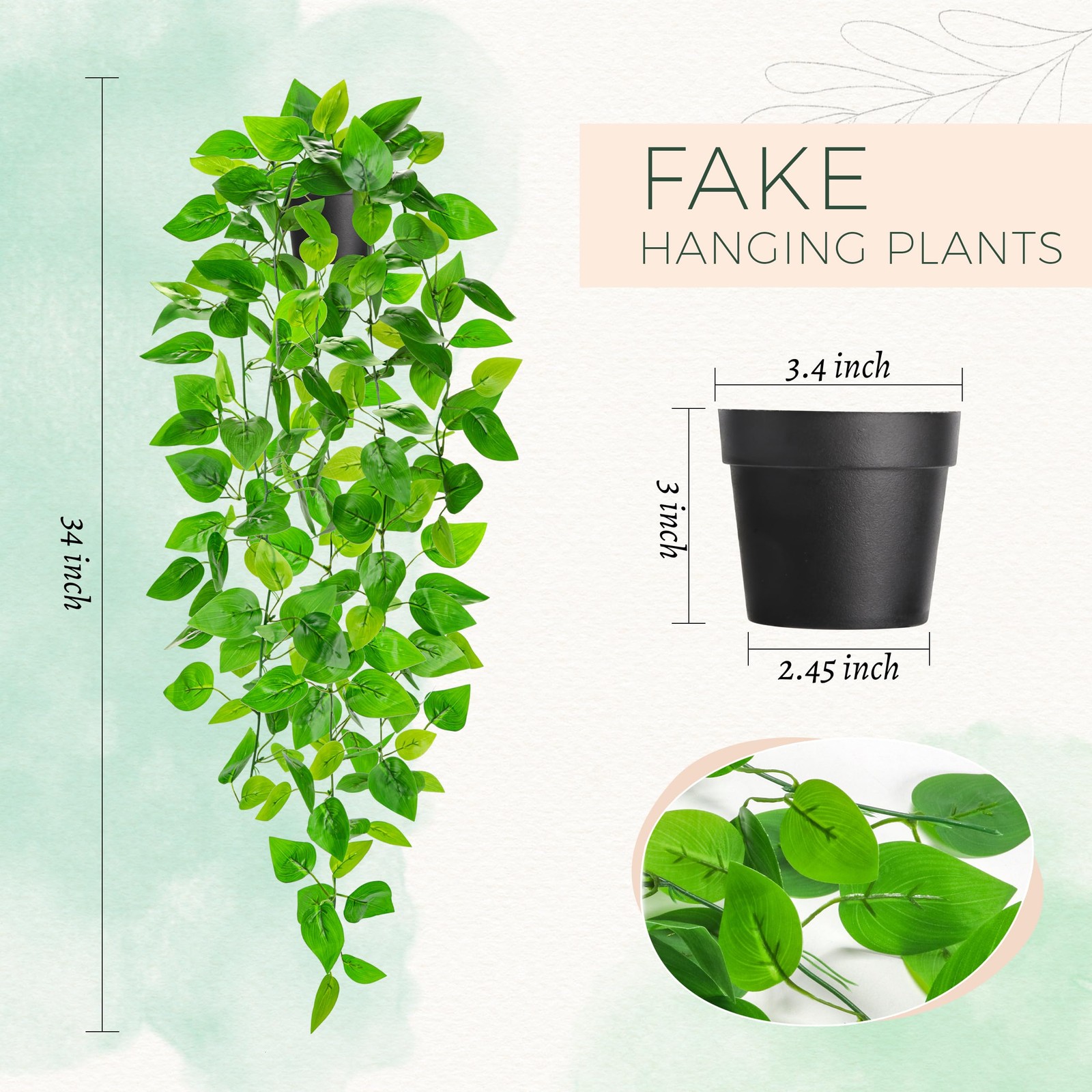 34 Inch Artificial Hanging Plant Faux Pothos Vine Wall Shelf Decor