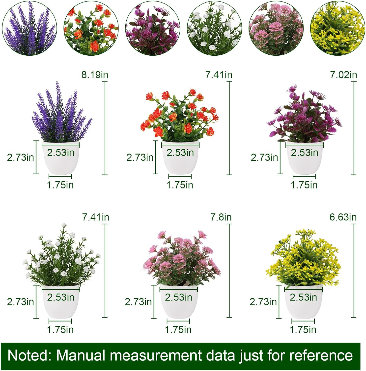 6 Pack Small Artificial Flower Potted Plants, Mini Faux Flowers in Pots | Colorf