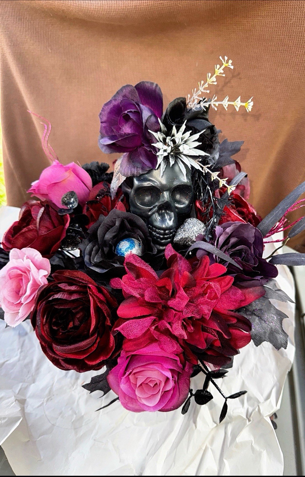 Halloween Artificial Pink Red Purple Rose Dahlia Skull Flower Centerpiece