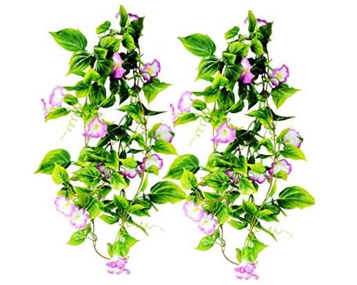 Artificial Morning Glory Flower Vines, 2pcs 15Feet Hanging Plants Silk Purple